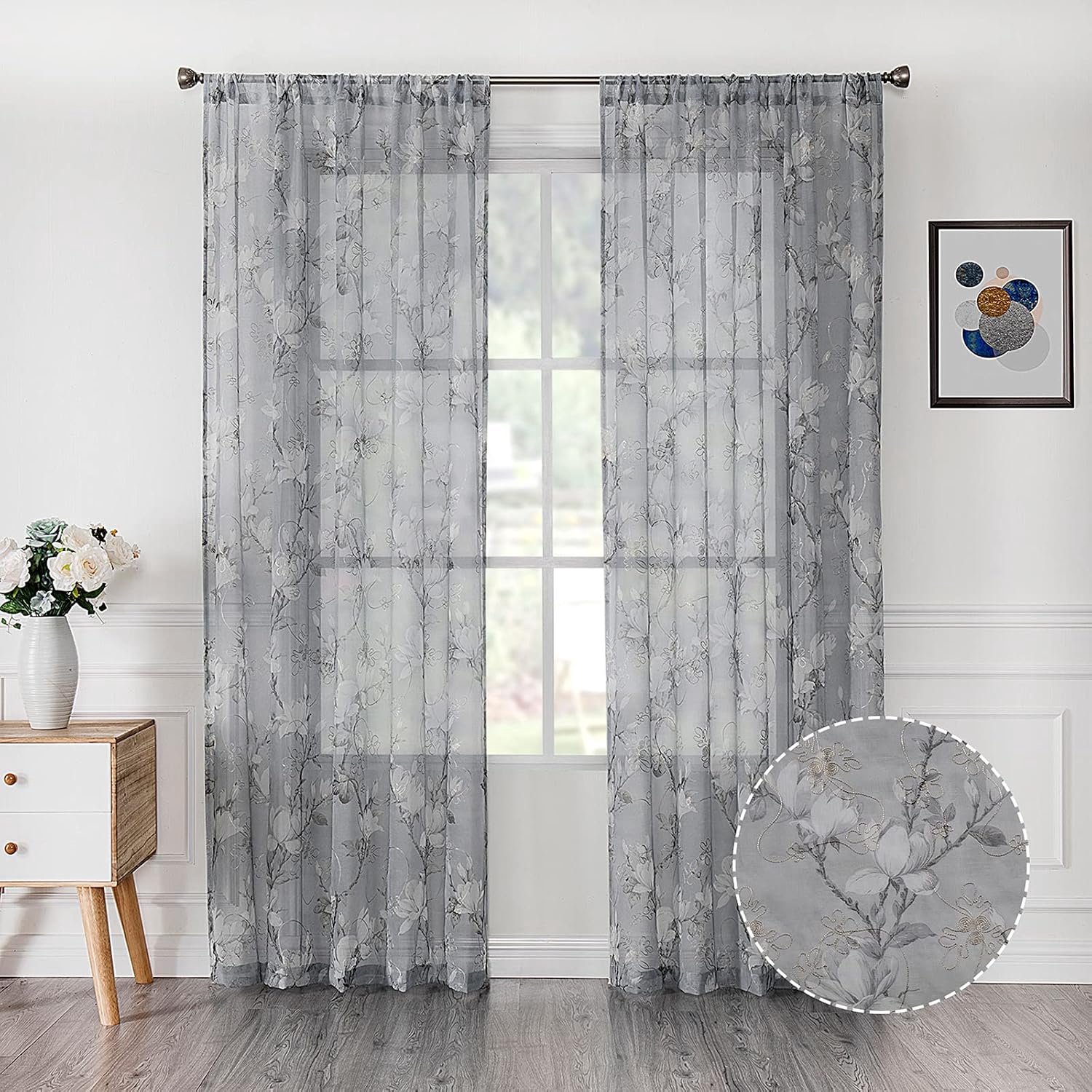 Bloemen grijs korte doorschijnende gordijnen bloemenprint wijnstok borduurwerk slaapkamer gordijn roede zak voile gordijnen voor woonkamer, 137 x 114 cm lang, set van 2 panelen