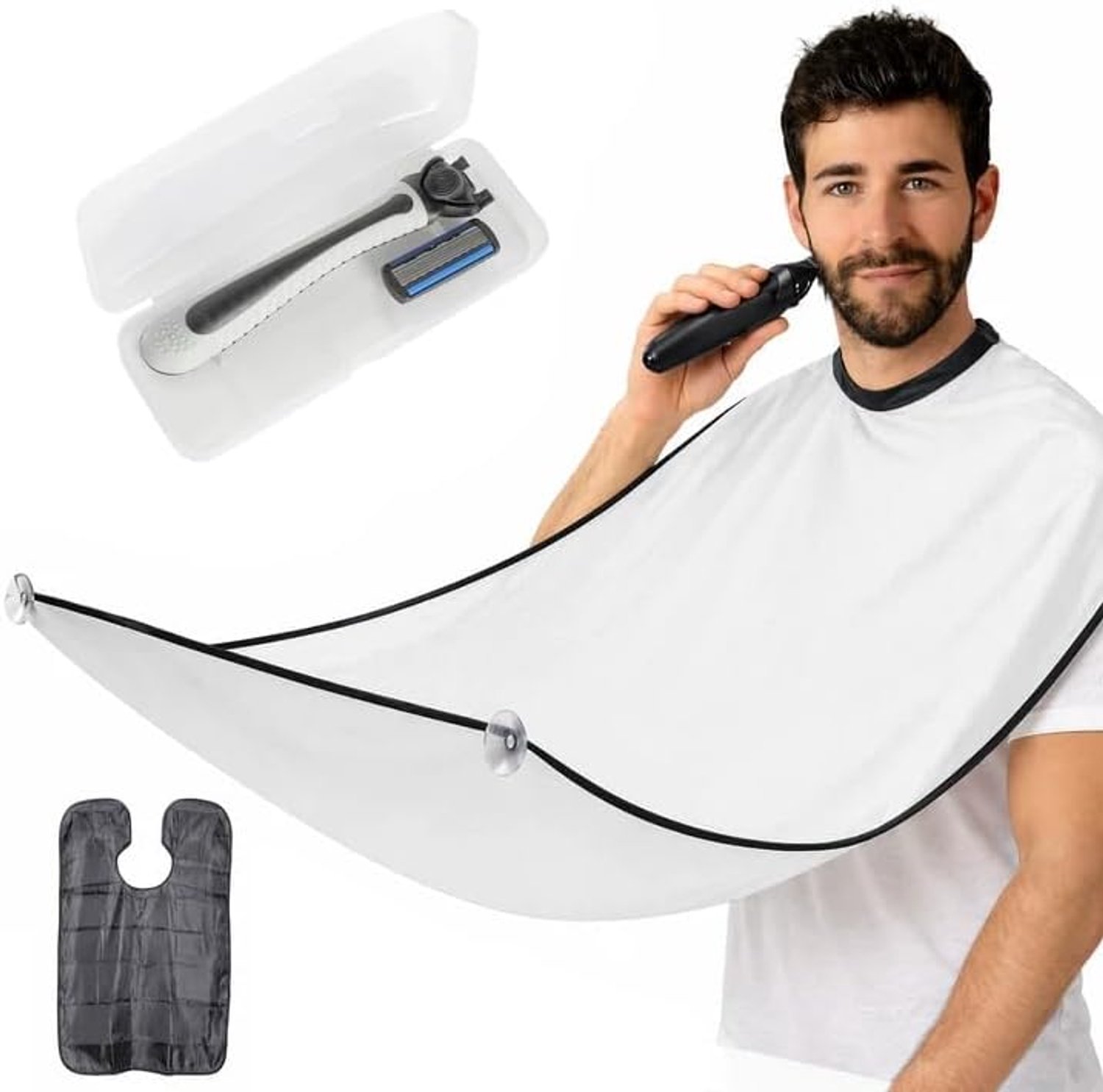 Baardschort voor baardvorming, waterdicht baardslabbetje voor baardverzorging met 3 zuignappen, verzameldoek, cadeau voor mannen, wit