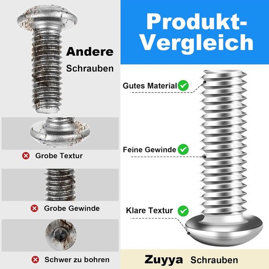 60 stuks M6 x 12 mm lenskopschroeven, binnenzeskant, platte kopschroeven, M6 roestvrijstalen schroeven, volledige schroefdraad, halfronde kopschroeven met binnenzeskantsluiting — afbeelding 5
