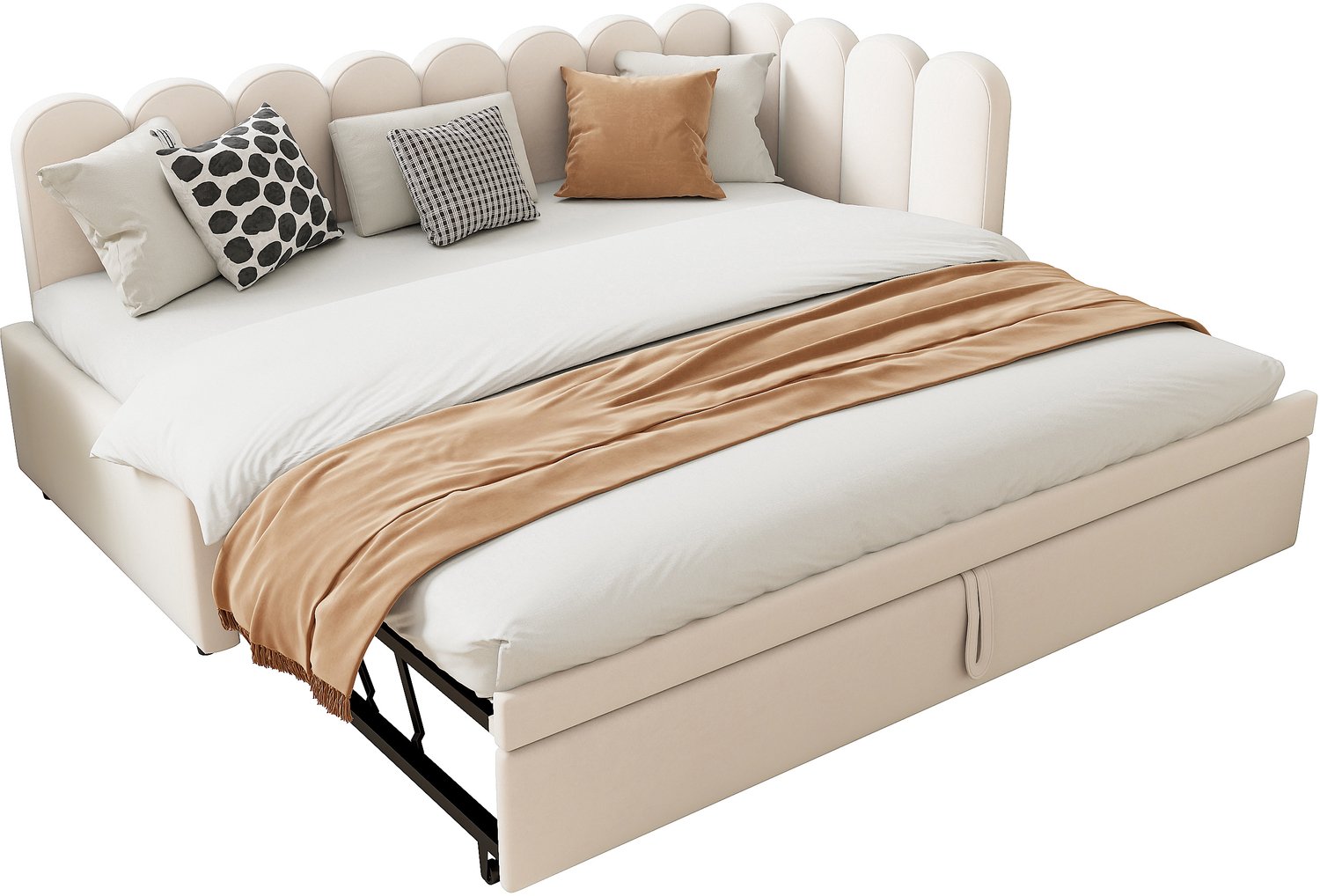 MUVANO L-vormige slaapbank - ruimtebesparend bed met onderschuifbed - slaapbank van 90 x 200 cm - fluwelen bedbank voor kinder- en logeerkamer, beige