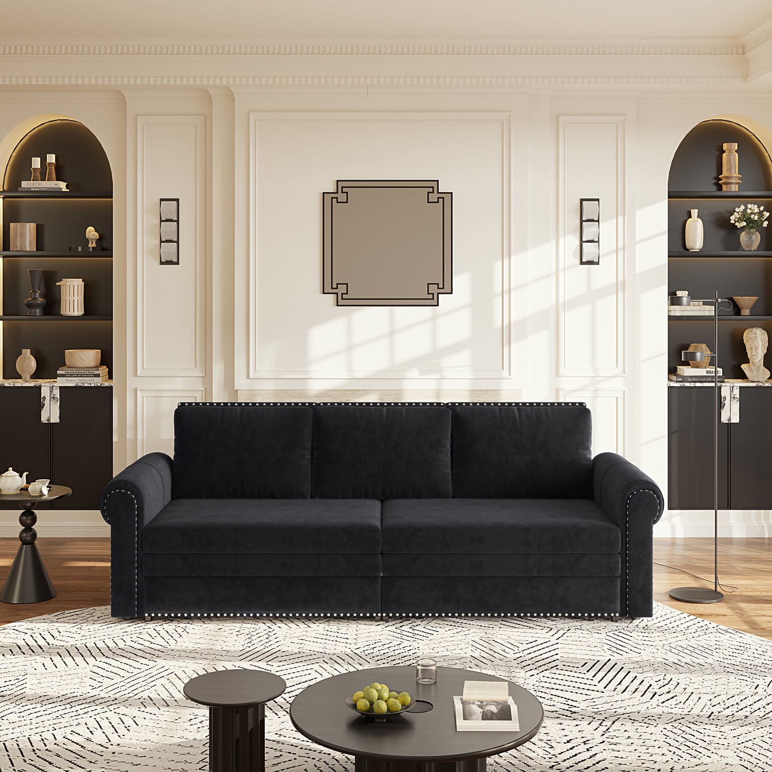VVBV 238 cm uitschuifbare slaapbank, 3-in-1 slaapsofa met rolarmleuningen en nagelkopdetails, fluweel, zwart, 3-zits