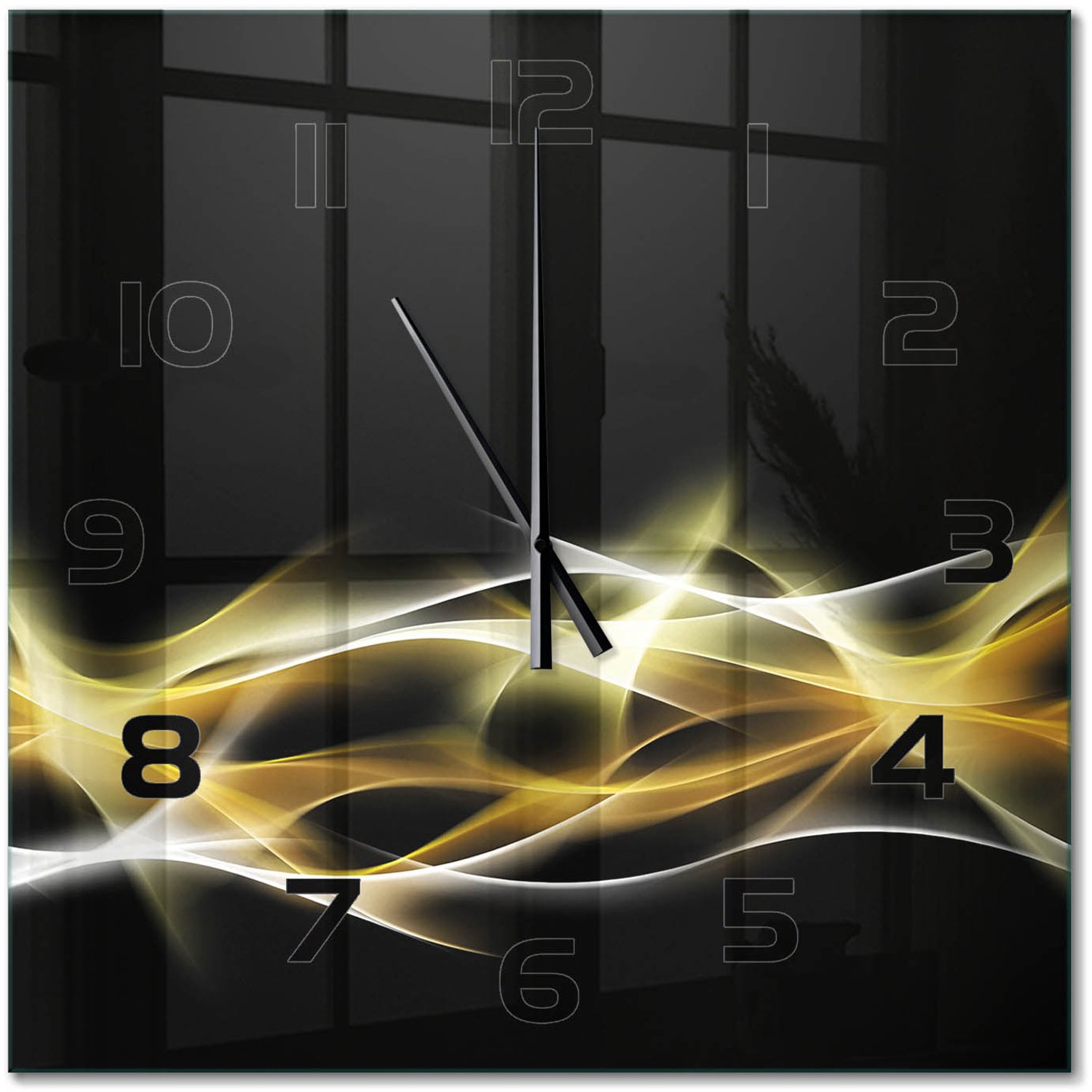 TULUP Wandklok - Abstractie van licht Glazen Wandklok Design - 60x60 cm - Geel Klok Glas Met Opdruk - Zwarte handen - Vierkante Klok - Wandklok Glas Met Motief - Decoratieve Glazen Klok