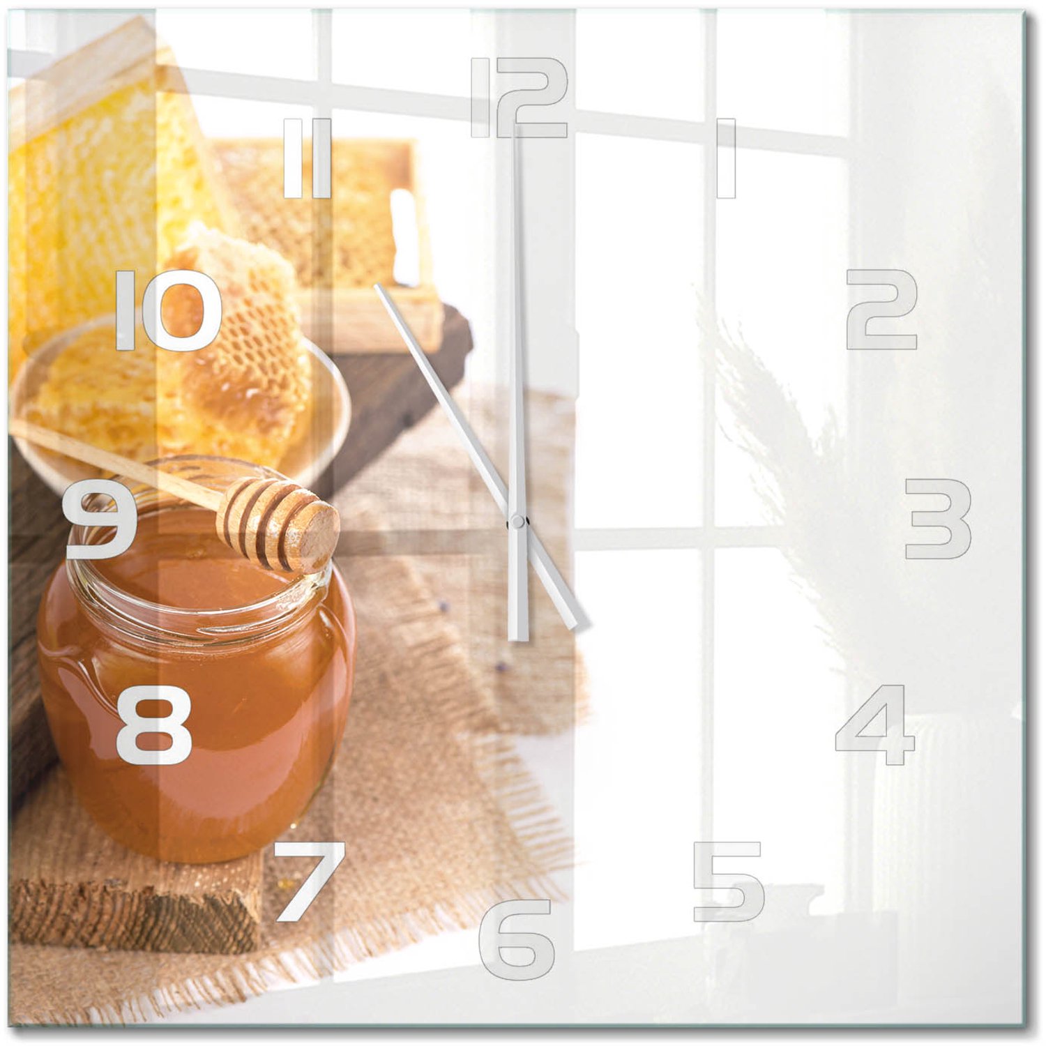 TULUP Wandklok - Honing Wandklok Glas Decoratie - 60x60 cm - Geel Gekleurde Glazen Klok - Witte handen - Vierkante Klok - Klok Glas Met Opdruk - Moderne Wandklok Glas