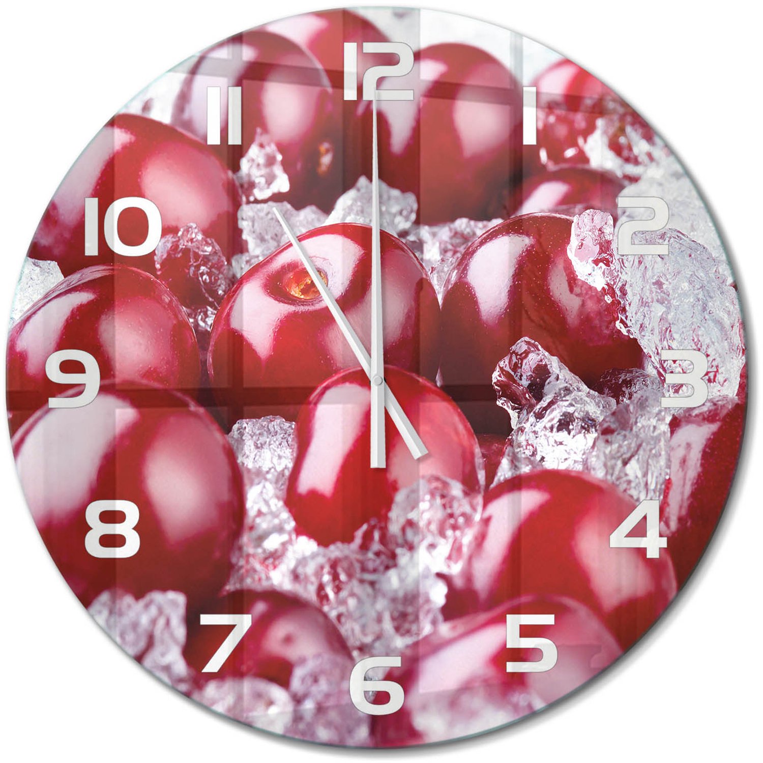 TULUP Wandklok - Bevroren kers Wandklok Glas Met Motief - fi60 cm - Rood Decoratieve Glazen Klok - Witte handen - Ronde Klok - Gekleurde Glazen Klok - Glazen Klok Met Print