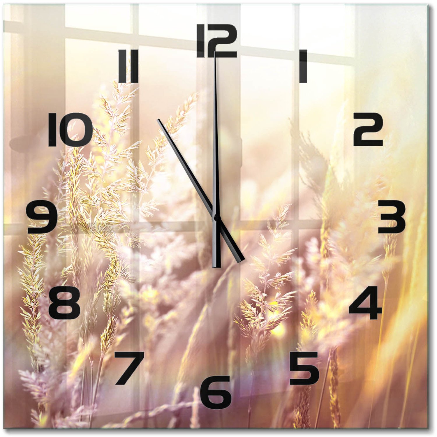 TULUP Wandklok - Hoog gras Wandklok Glas Met Motief - 60x60 cm - Beige Decoratieve Glazen Klok - Zwarte handen - Vierkante Klok - Gekleurde Glazen Klok - Glazen Klok Met Print