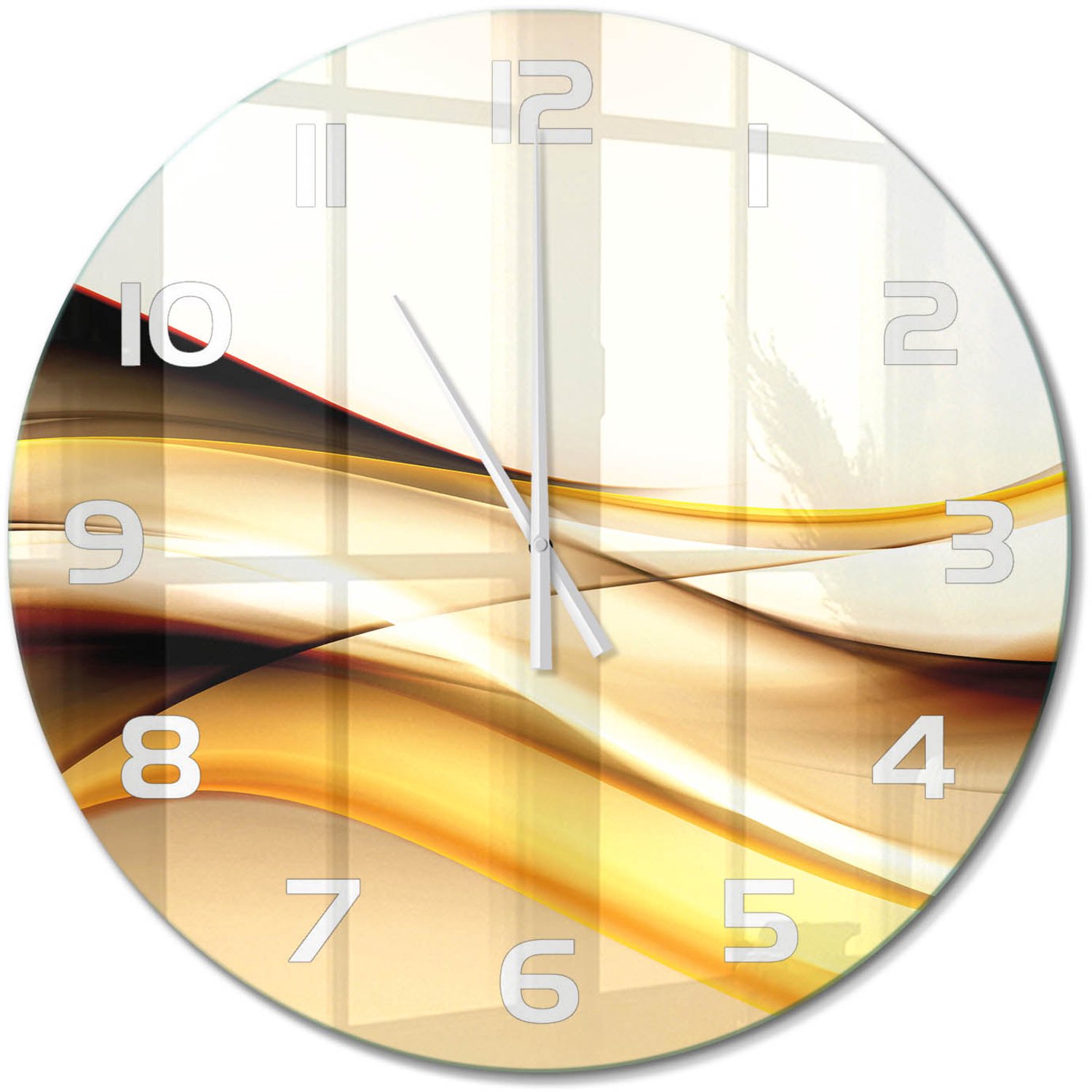 TULUP Wandklok - Abstracte golven Gekleurde Glazen Klok - fi60 cm - Geel Glazen Klok Met Print - Witte handen - Ronde Klok - Moderne Wandklok Glas - Wandklok Glas Decoratie