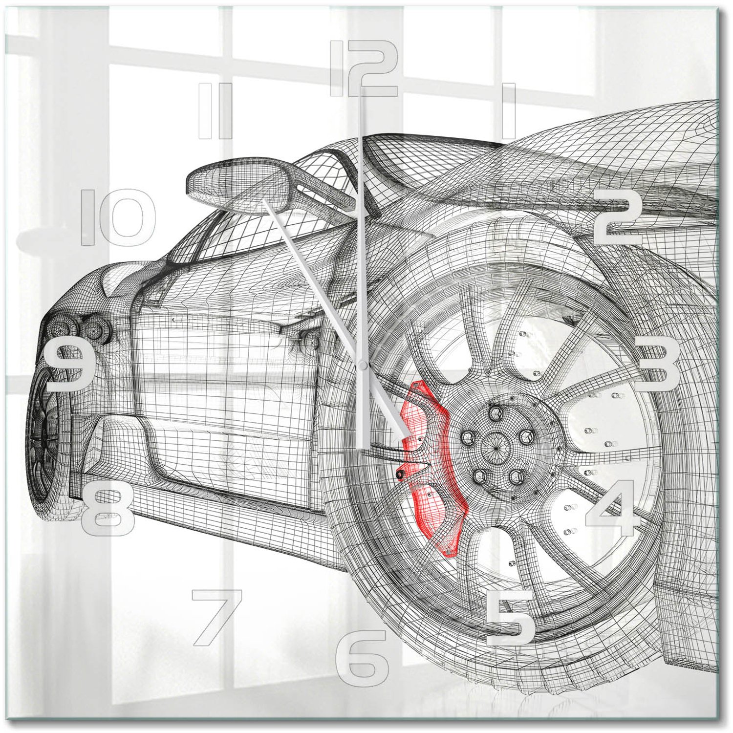 TULUP Wandklok - Autogrille Decoratieve Glazen Klok - 60x60 cm - Rood Glazen Wandklok Design - Witte handen - Vierkante Klok - Glazen Klok Met Print - Wandklok Glas Met Motief