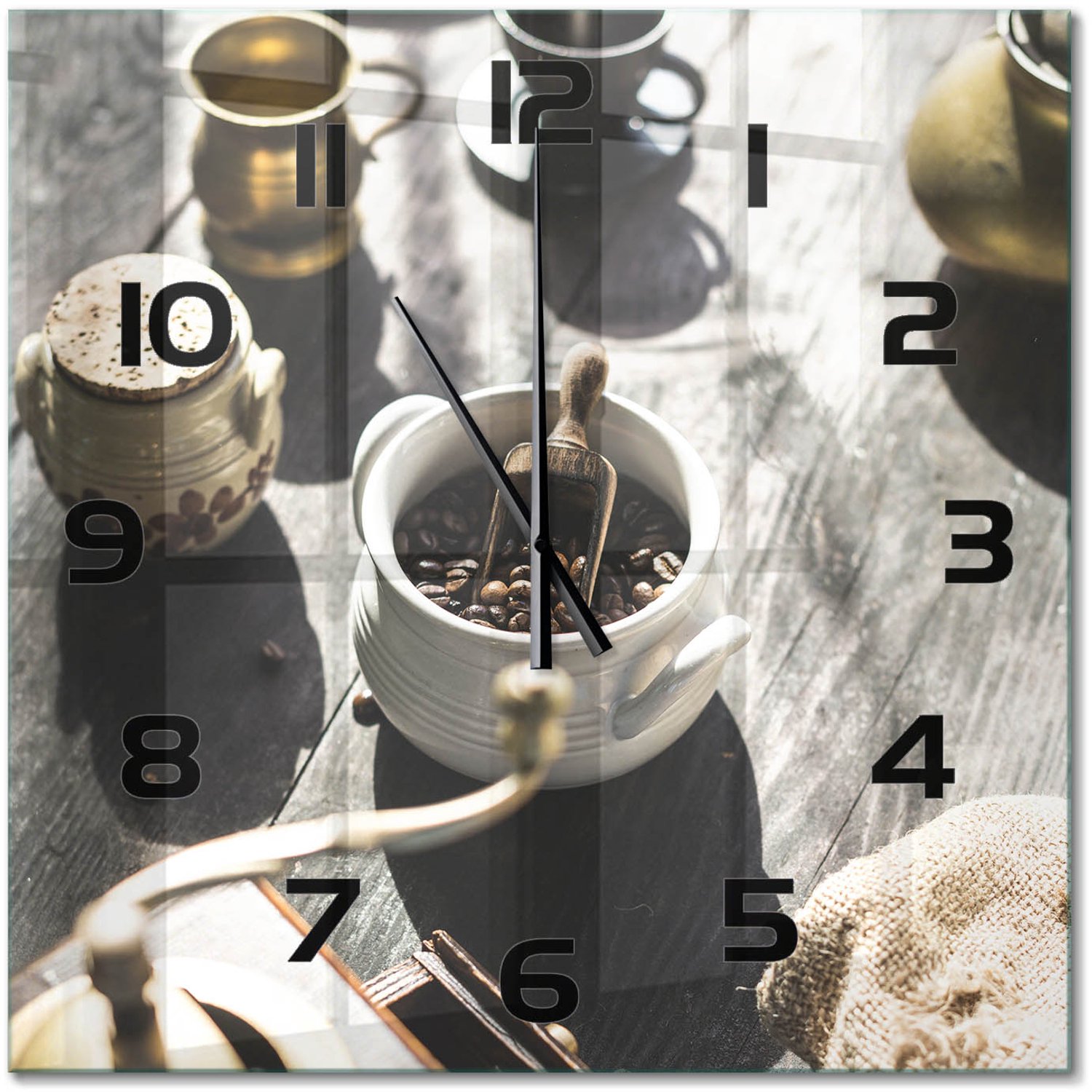 TULUP Wandklok - Koffiemolen Gekleurde Glazen Klok - 60x60 cm - Bruin Glazen Klok Met Print - Zwarte handen - Vierkante Klok - Moderne Wandklok Glas - Wandklok Glas Decoratie