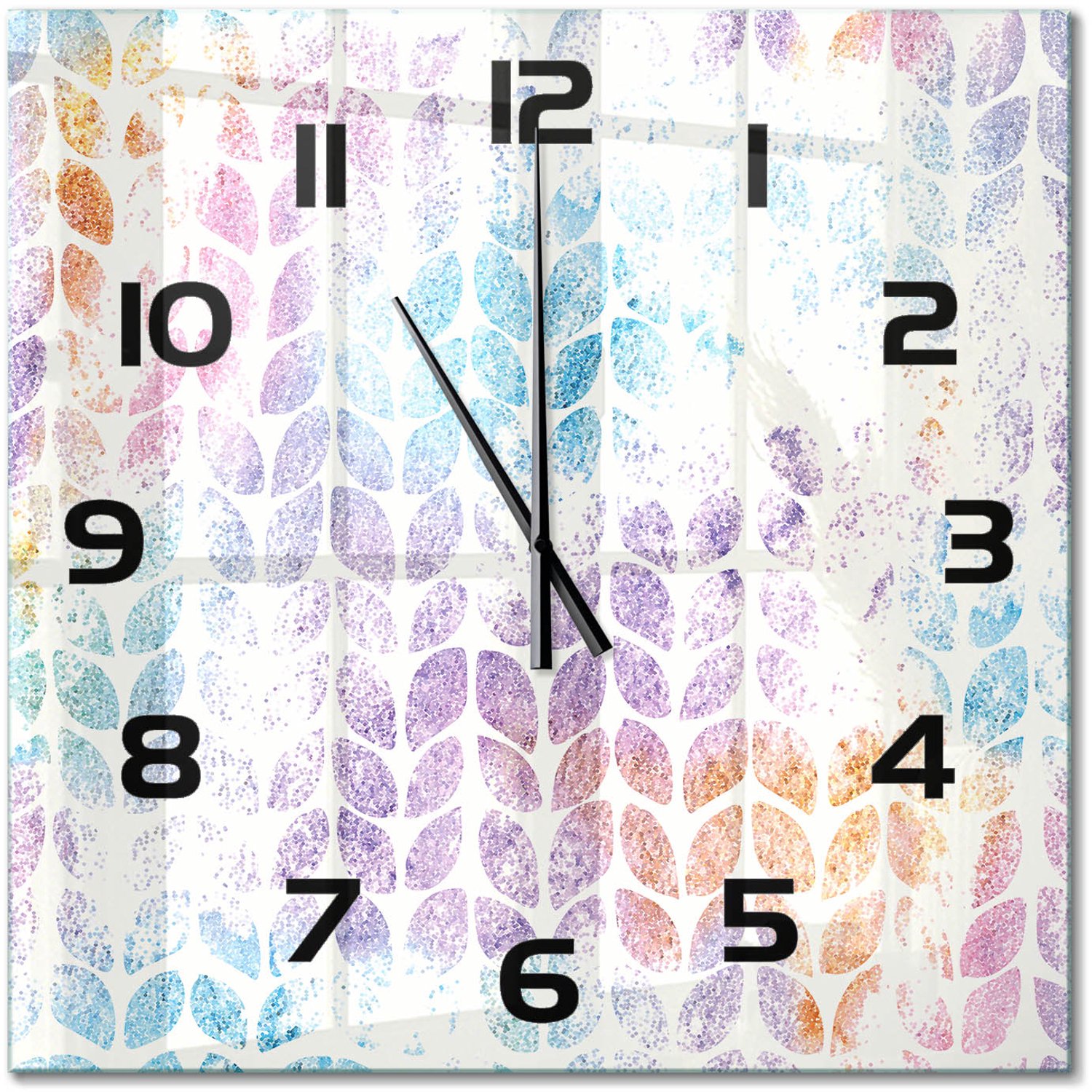 TULUP Wandklok - Kleurrijke bladeren Glazen Wandklok Design - 60x60 cm - Veelkleurig Klok Glas Met Opdruk - Zwarte handen - Vierkante Klok - Wandklok Glas Met Motief - Decoratieve Glazen Klok