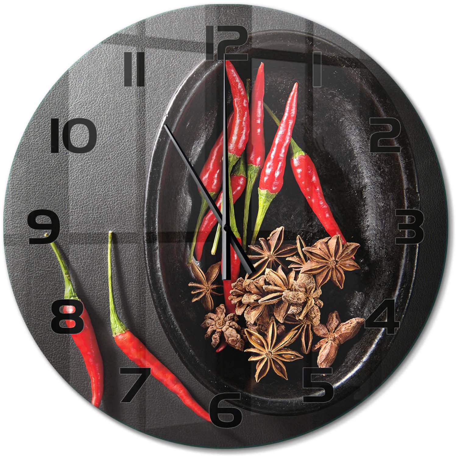 TULUP Wandklok - Chilipepers Moderne Wandklok Glas - fi60 cm - Rood Wandklok Glas Decoratie - Zwarte handen - Ronde Klok - Glazen Wandklok Design - Klok Glas Met Opdruk