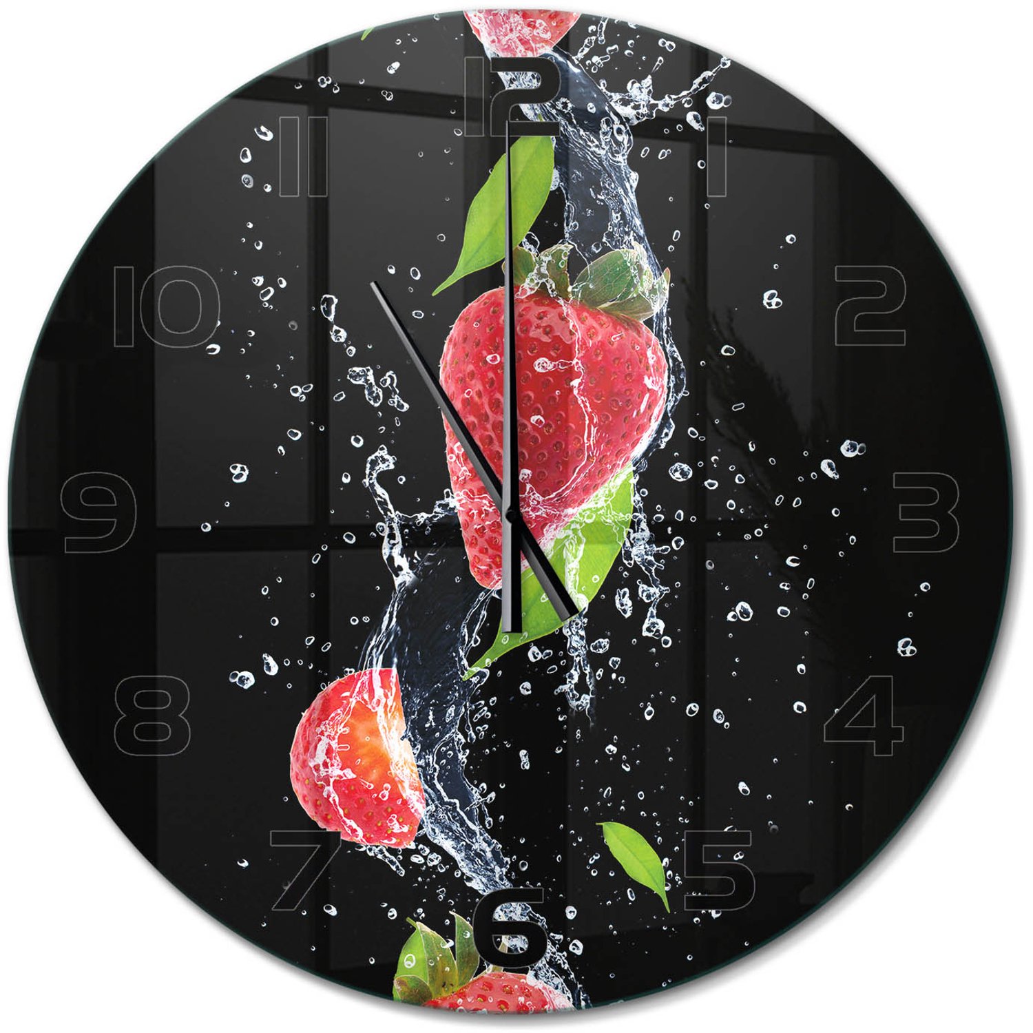 TULUP Wandklok - Aardbeien en water Wandklok Glas Decoratie - fi60 cm - Rood Gekleurde Glazen Klok - Zwarte handen - Ronde Klok - Klok Glas Met Opdruk - Moderne Wandklok Glas
