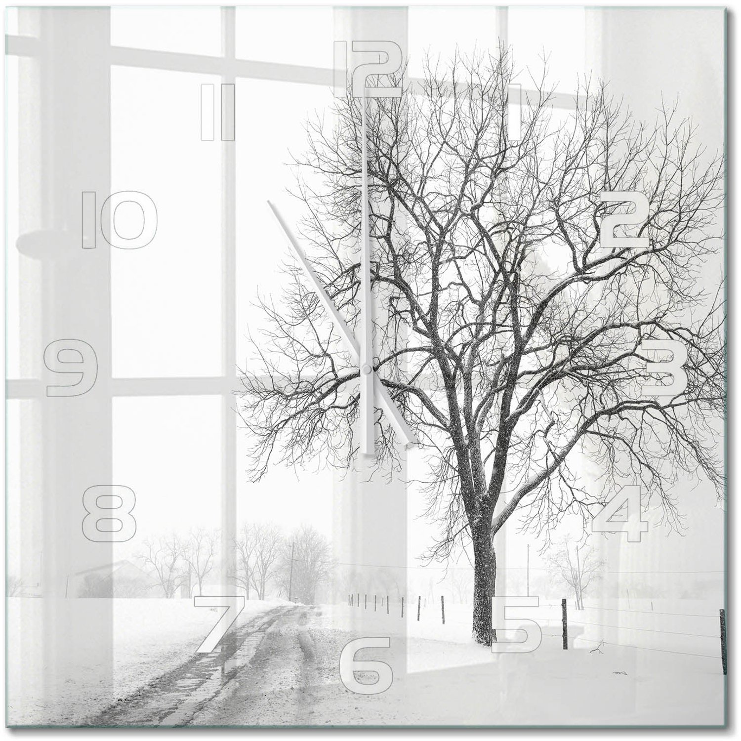 TULUP Wandklok - Winterboom Gekleurde Glazen Klok - 60x60 cm - Wit Glazen Klok Met Print - Witte handen - Vierkante Klok - Moderne Wandklok Glas - Wandklok Glas Decoratie
