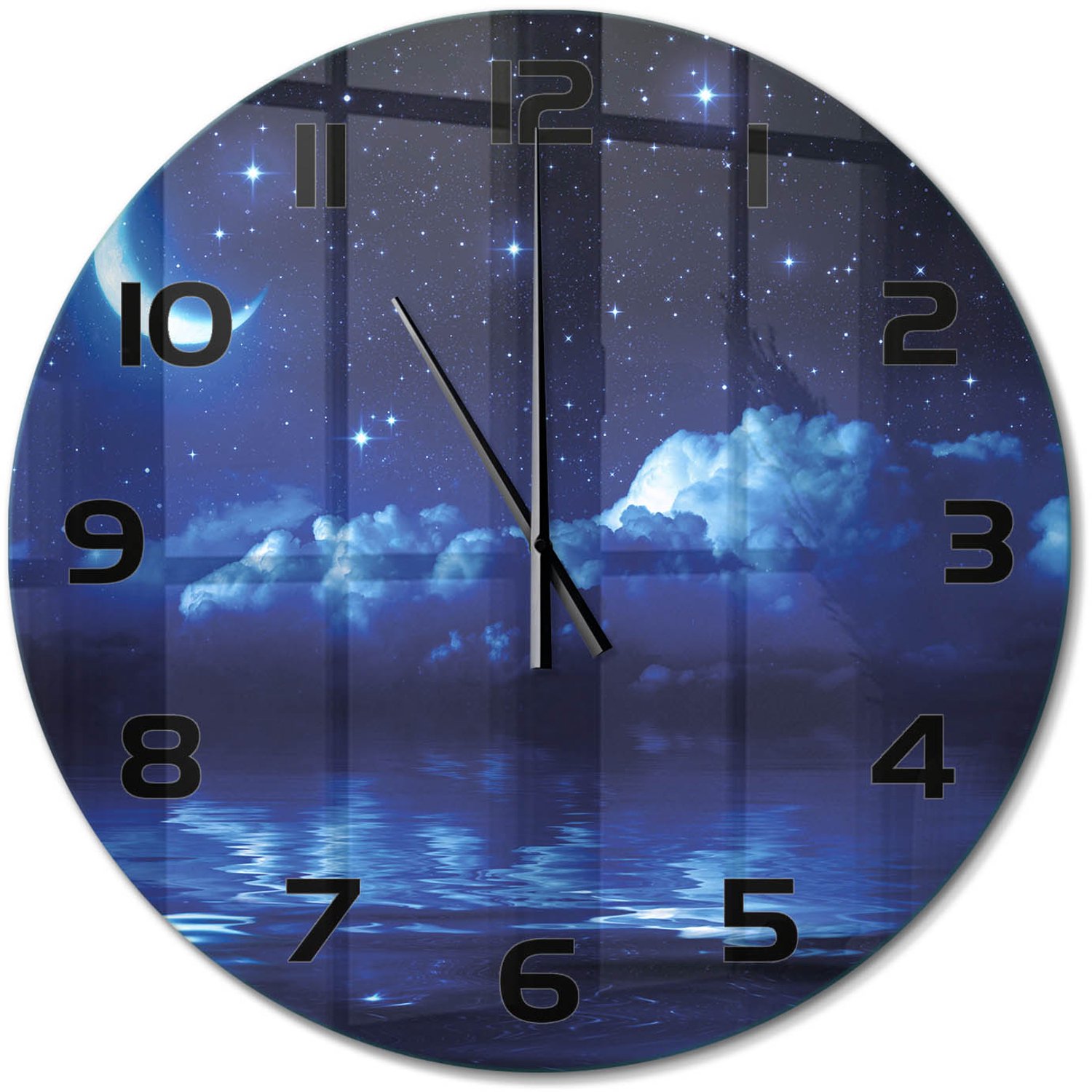 TULUP Wandklok - De nachtelijke hemel Decoratieve Glazen Klok - fi60 cm - Blauw Glazen Wandklok Design - Zwarte handen - Ronde Klok - Glazen Klok Met Print - Wandklok Glas Met Motief
