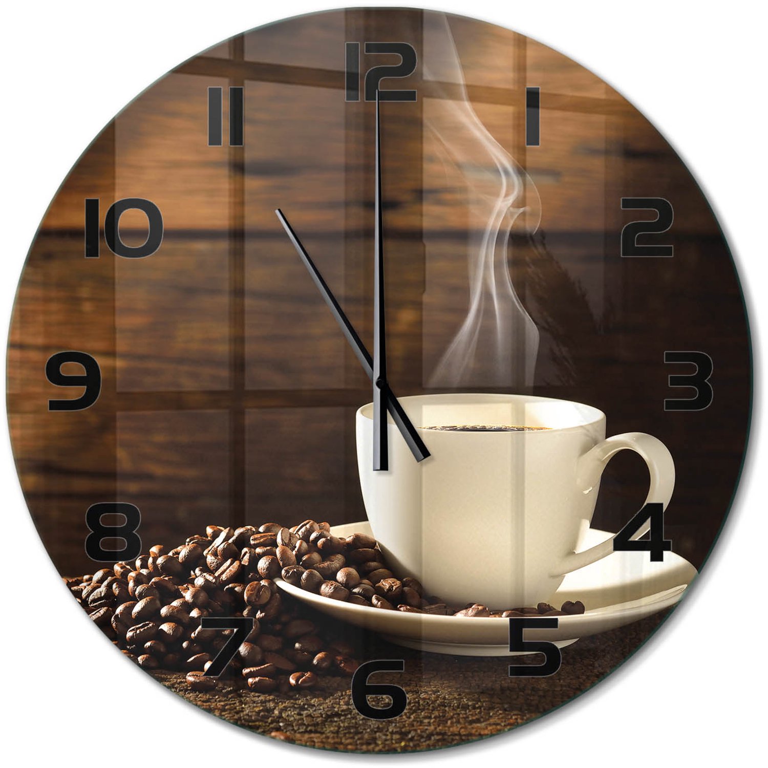 TULUP Wandklok - Kopje koffie Klok Glas Met Opdruk - fi60 cm - Bruin Moderne Wandklok Glas - Zwarte handen - Ronde Klok - Decoratieve Glazen Klok - Glazen Wandklok Design