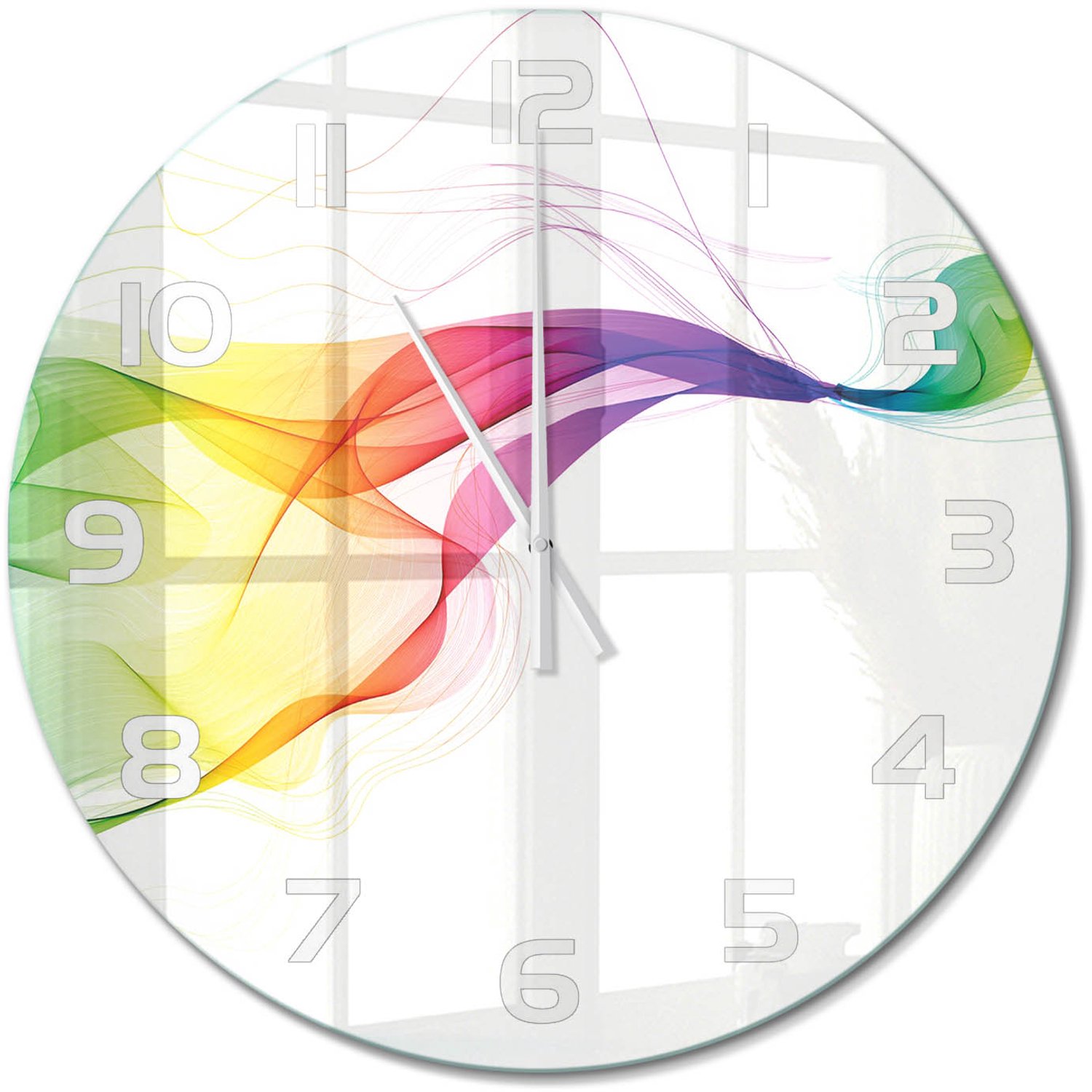 TULUP Wandklok - Kleurrijke abstractie Glazen Wandklok Design - fi60 cm - Veelkleurig Klok Glas Met Opdruk - Witte handen - Ronde Klok - Wandklok Glas Met Motief - Decoratieve Glazen Klok
