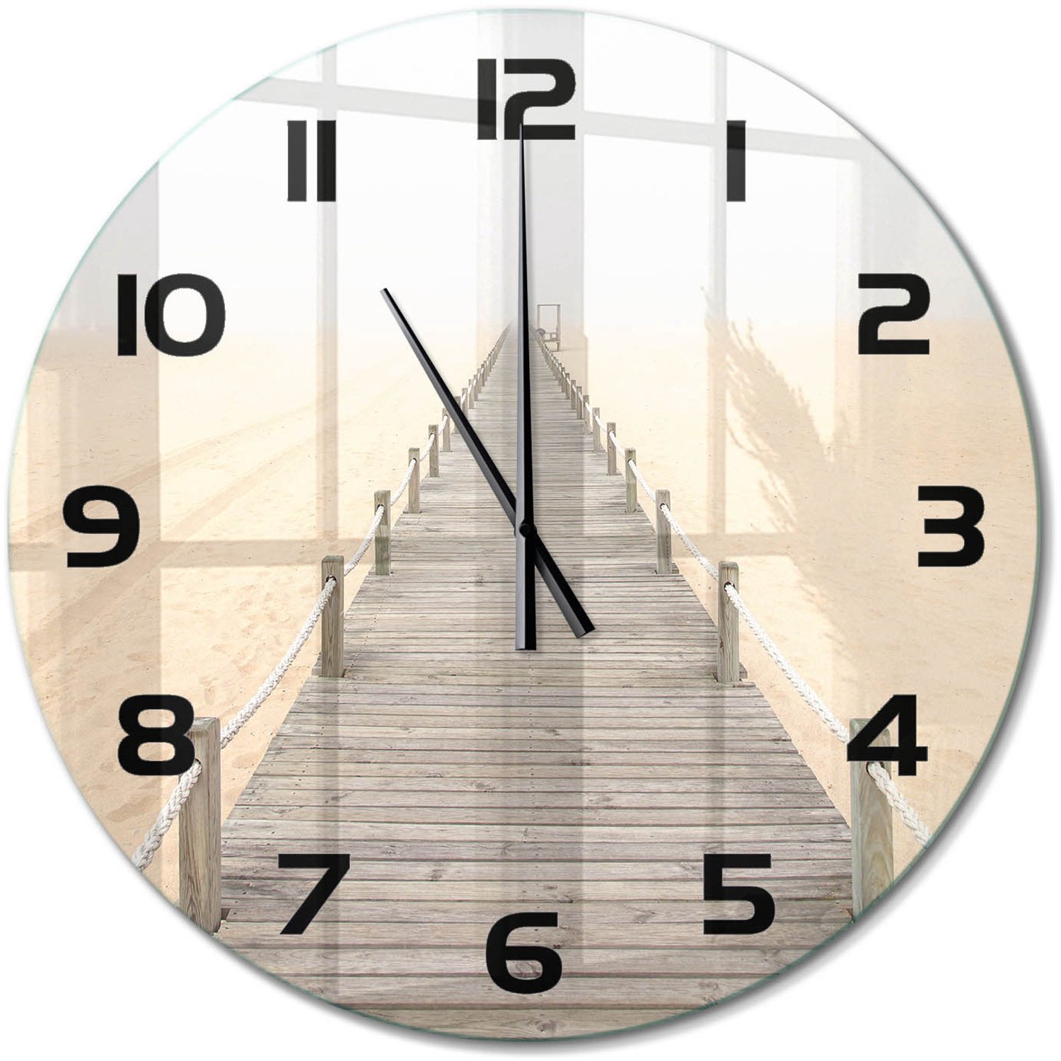 TULUP Wandklok - Strandpad Gekleurde Glazen Klok - fi60 cm - Beige Glazen Klok Met Print - Zwarte handen - Ronde Klok - Moderne Wandklok Glas - Wandklok Glas Decoratie