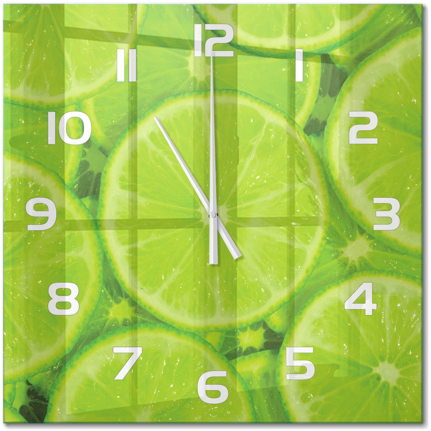 TULUP Wandklok - Limoenen Gekleurde Glazen Klok - 60x60 cm - Groente Glazen Klok Met Print - Witte handen - Vierkante Klok - Moderne Wandklok Glas - Wandklok Glas Decoratie