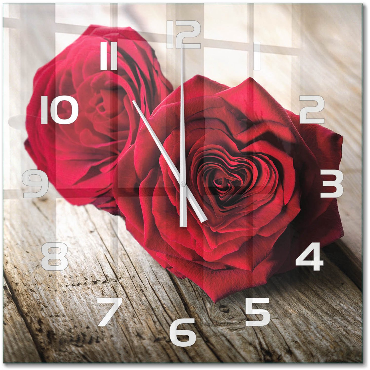 TULUP Wandklok - Rozen op hout Wandklok Glas Met Motief - 60x60 cm - Rood Decoratieve Glazen Klok - Witte handen - Vierkante Klok - Gekleurde Glazen Klok - Glazen Klok Met Print