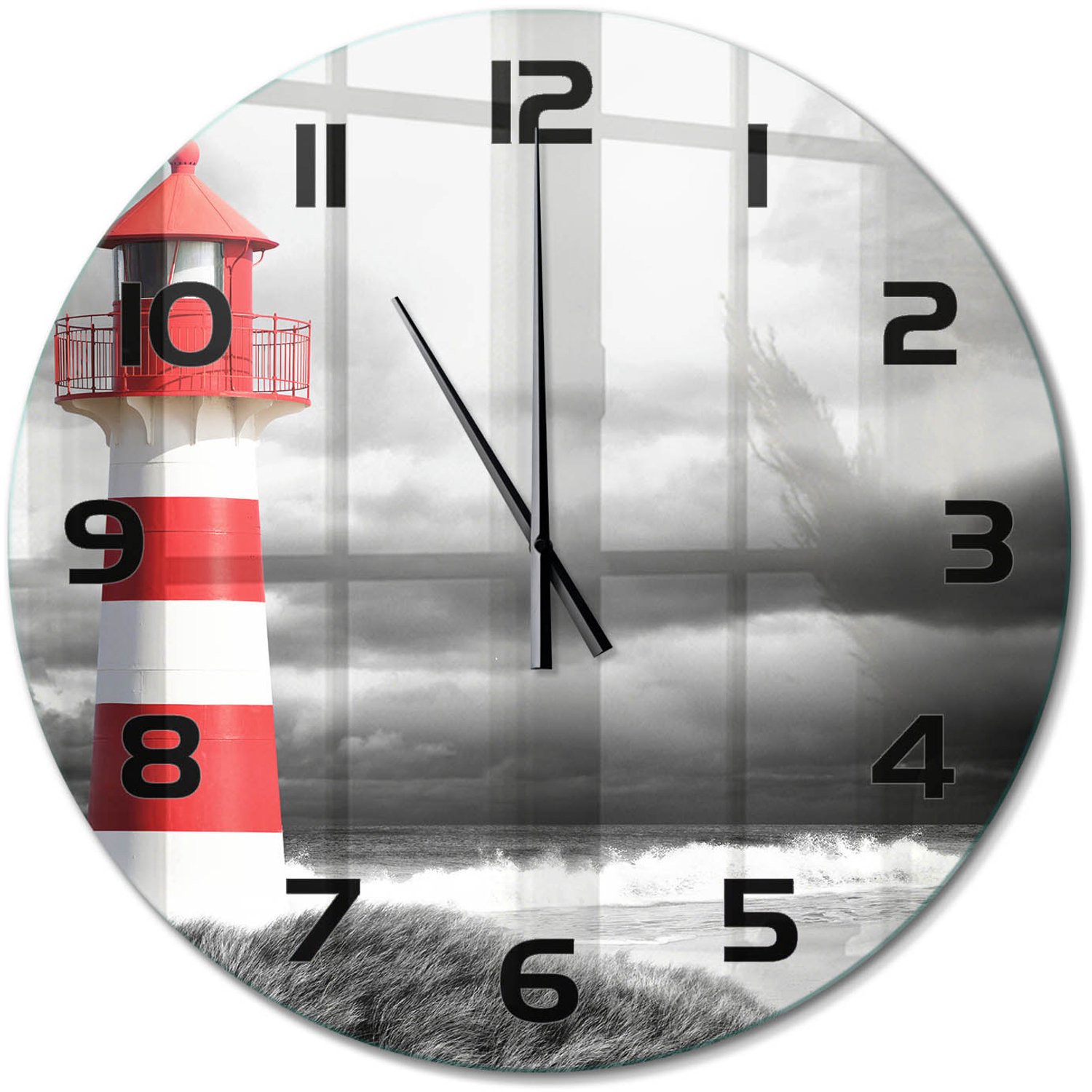 TULUP Wandklok - Vuurtoren Gekleurde Glazen Klok - fi60 cm - Rood Glazen Klok Met Print - Zwarte handen - Ronde Klok - Moderne Wandklok Glas - Wandklok Glas Decoratie
