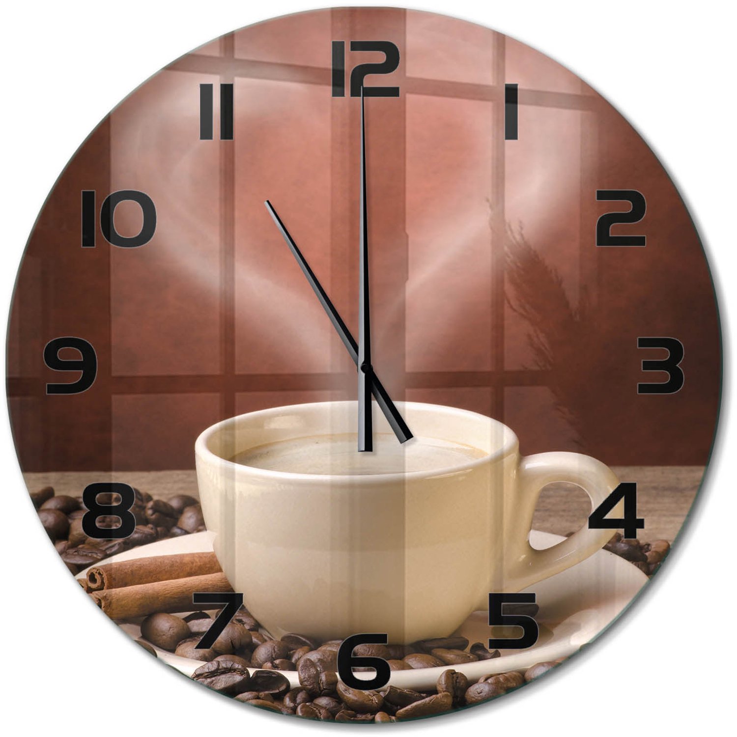 TULUP Wandklok - Aromatische koffie Glazen Wandklok Design - fi60 cm - Bruin Klok Glas Met Opdruk - Zwarte handen - Ronde Klok - Wandklok Glas Met Motief - Decoratieve Glazen Klok