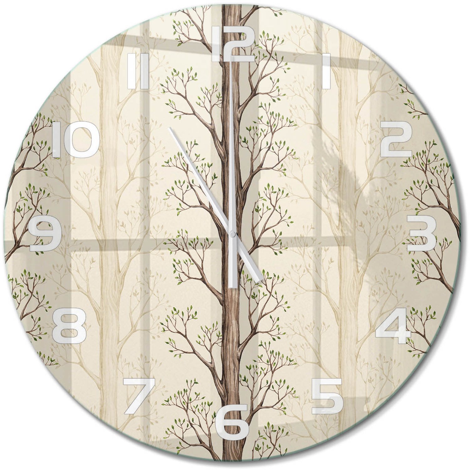 TULUP Wandklok - Bomen Gekleurde Glazen Klok - fi60 cm - Bruin Glazen Klok Met Print - Witte handen - Ronde Klok - Moderne Wandklok Glas - Wandklok Glas Decoratie