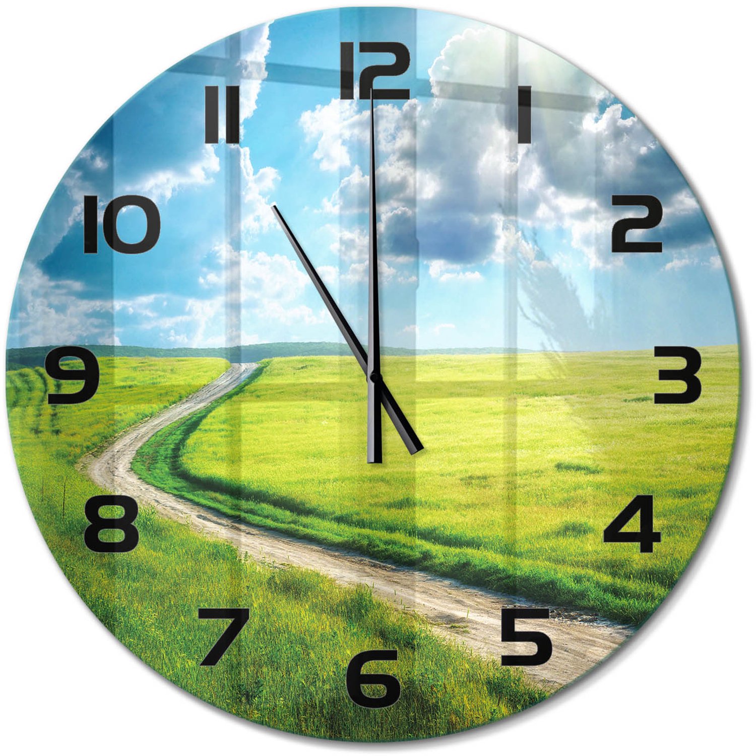 TULUP Wandklok - Pad in de weide Glazen Klok Met Print - fi60 cm - Groente Wandklok Glas Met Motief - Zwarte handen - Ronde Klok - Wandklok Glas Decoratie - Gekleurde Glazen Klok