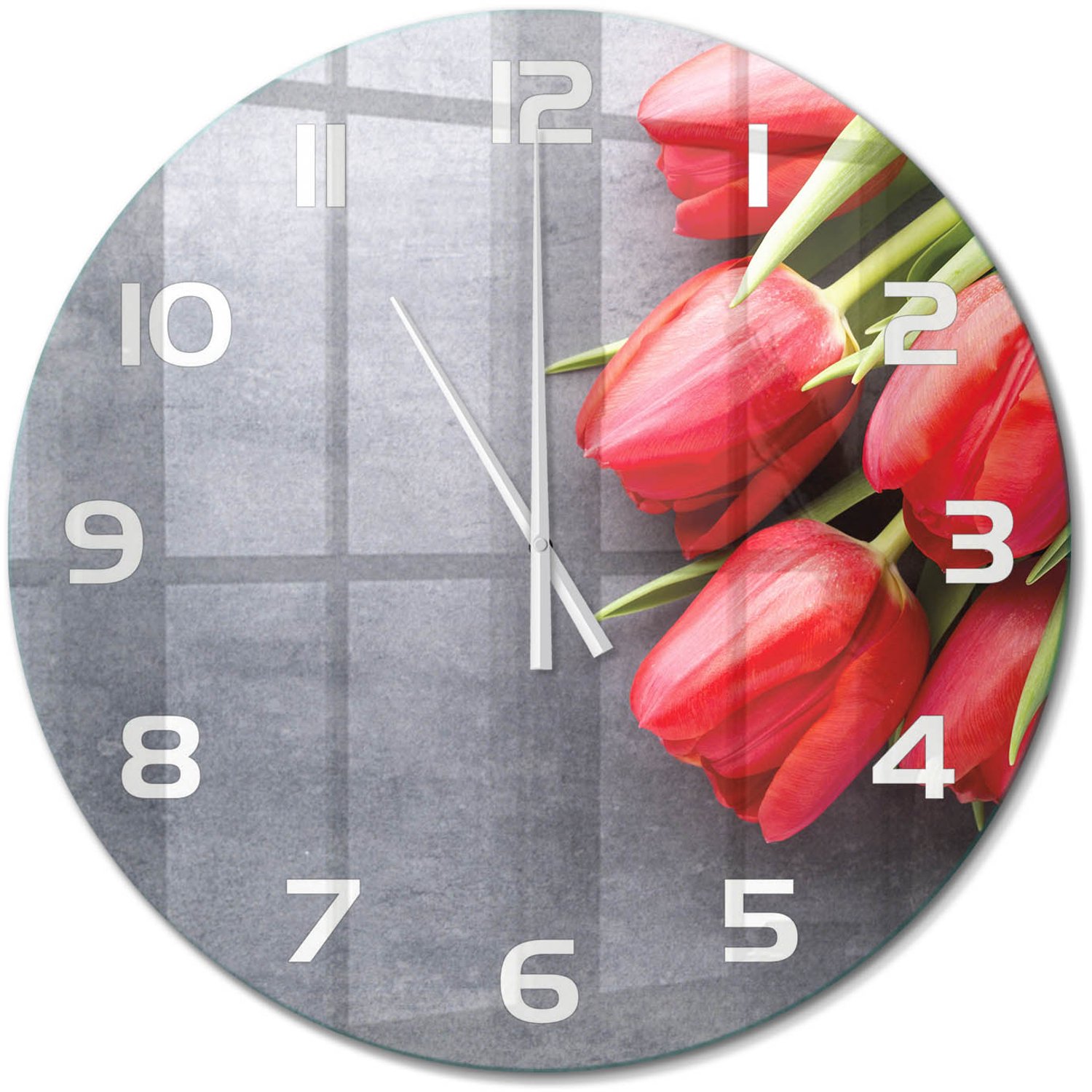 TULUP Wandklok - Rode tulpen Wandklok Glas Decoratie - fi60 cm - Rood Gekleurde Glazen Klok - Witte handen - Ronde Klok - Klok Glas Met Opdruk - Moderne Wandklok Glas