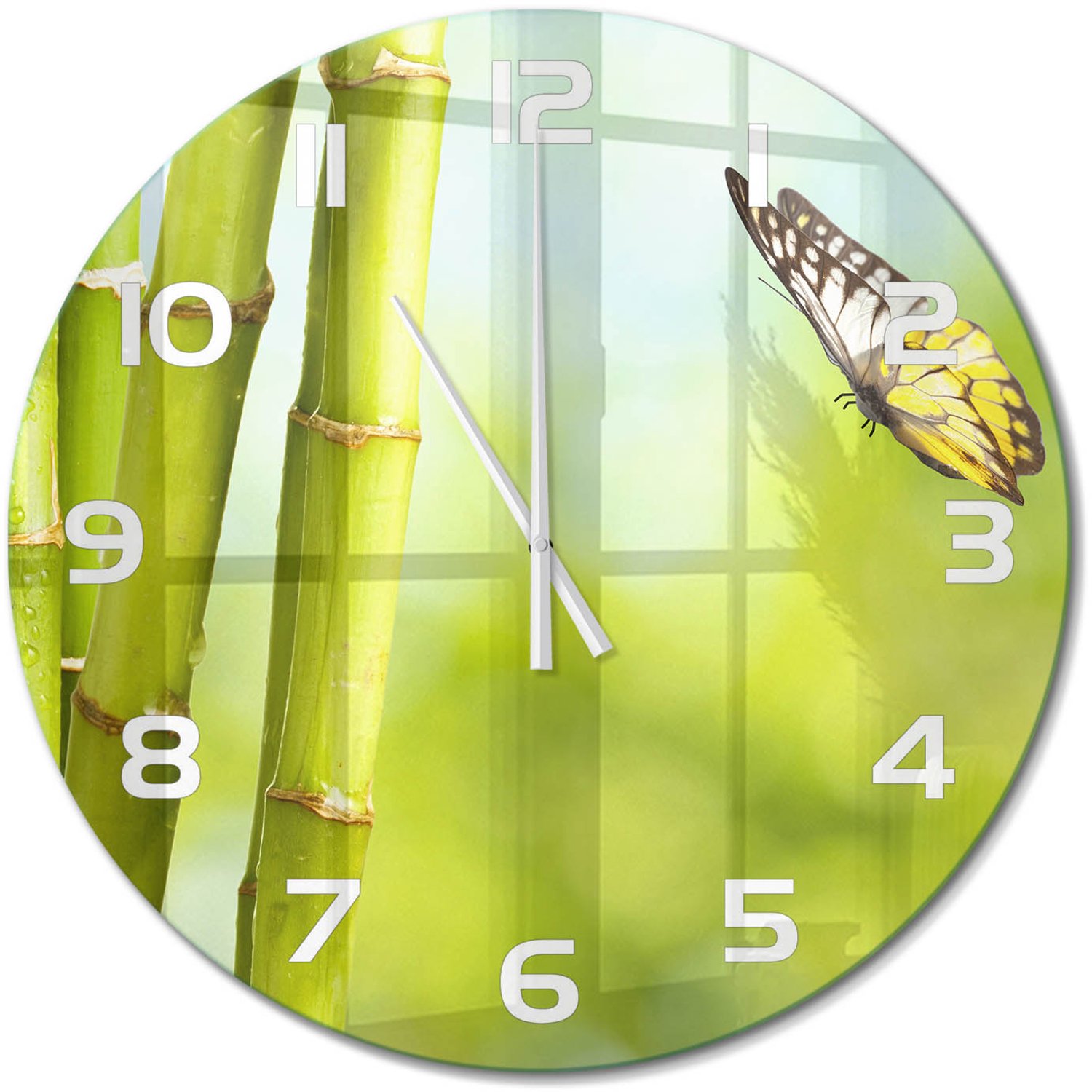 TULUP Wandklok - Bamboe en vlinder Moderne Wandklok Glas - fi60 cm - Groente Wandklok Glas Decoratie - Witte handen - Ronde Klok - Glazen Wandklok Design - Klok Glas Met Opdruk