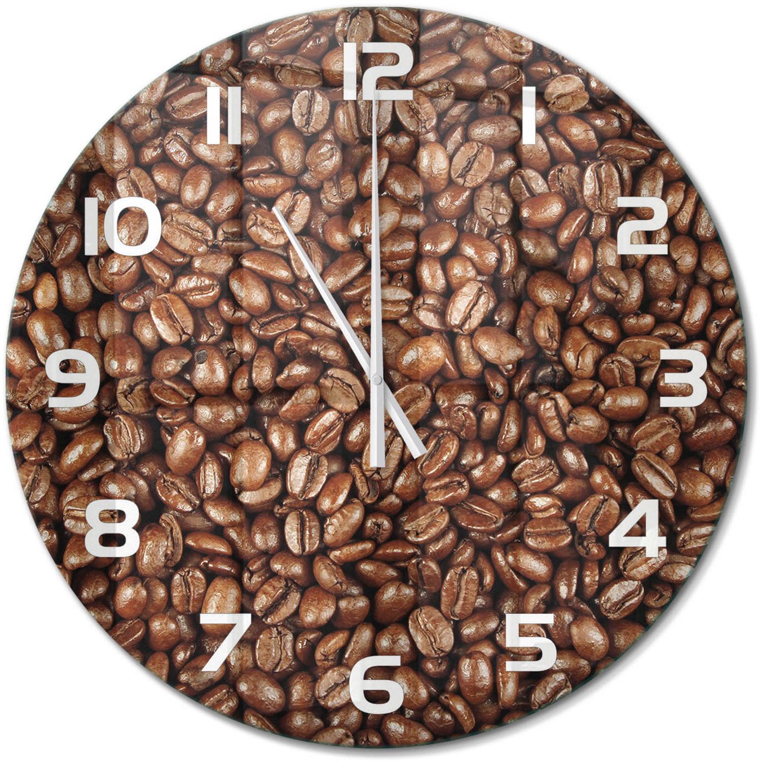 TULUP Wandklok - Koffiebonen Wandklok Glas Met Motief - fi60 cm - Bruin Decoratieve Glazen Klok - Witte handen - Ronde Klok - Gekleurde Glazen Klok - Glazen Klok Met Print