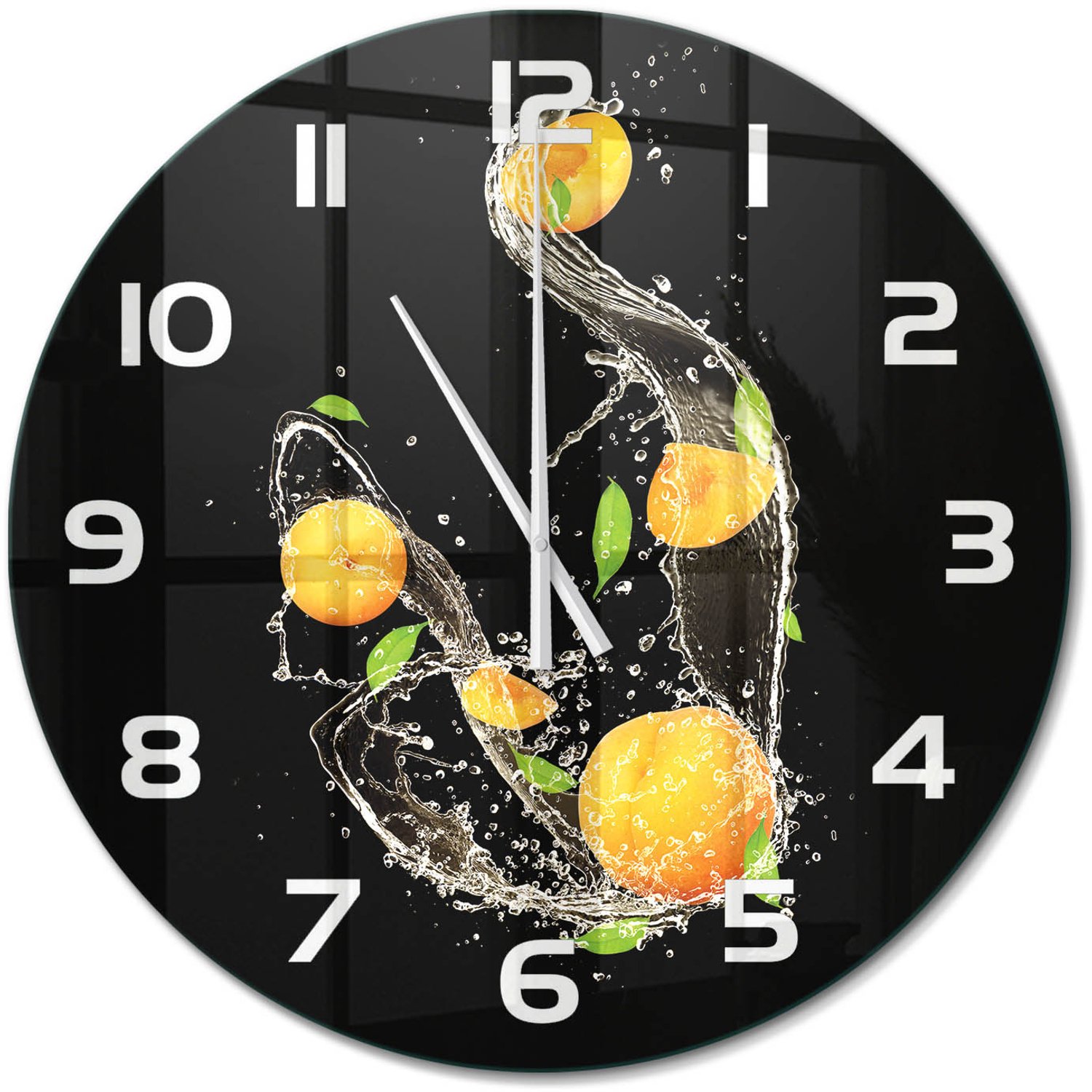 TULUP Wandklok - Abrikozen en water Glazen Wandklok Design - fi60 cm - Oranje Klok Glas Met Opdruk - Witte handen - Ronde Klok - Wandklok Glas Met Motief - Decoratieve Glazen Klok