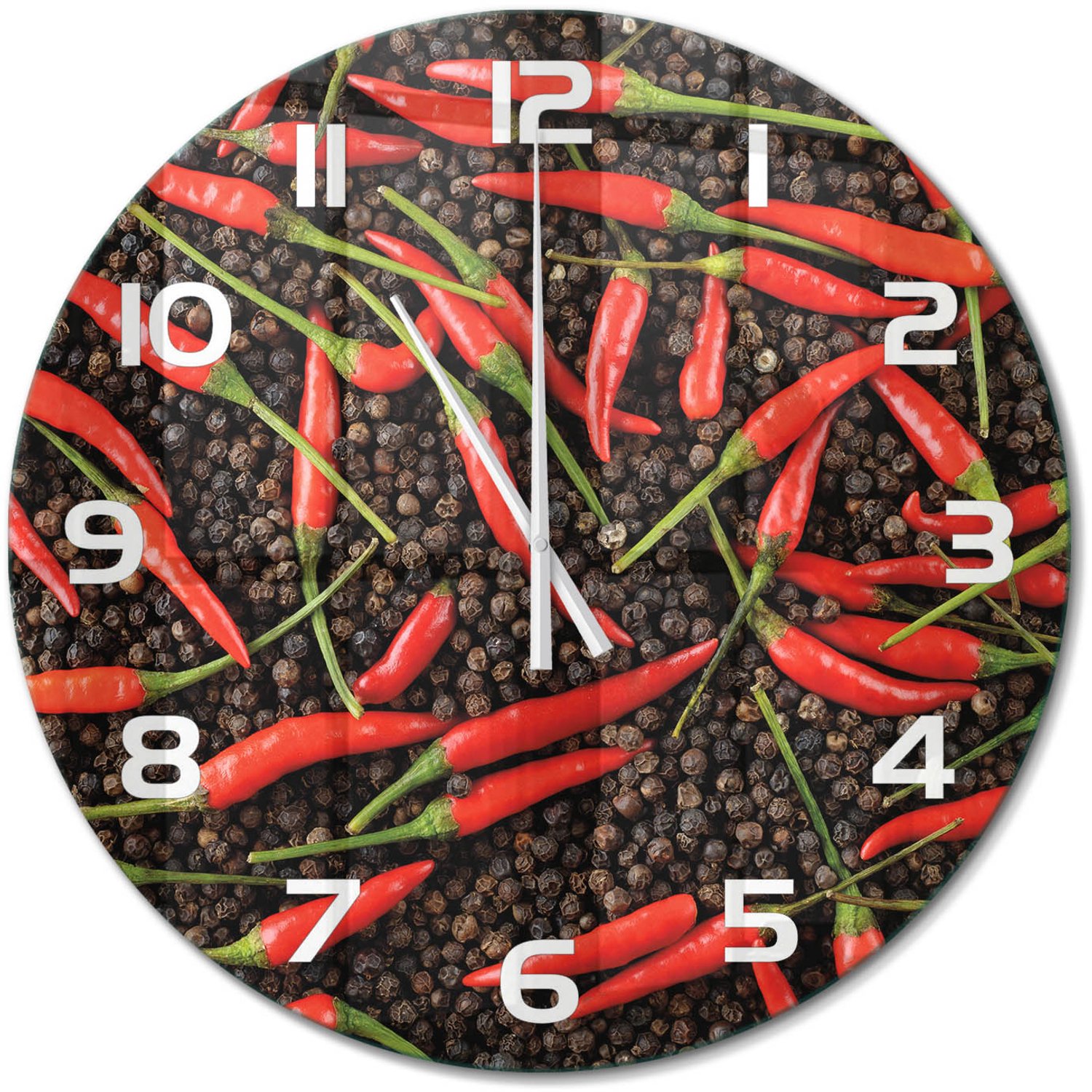 TULUP Wandklok - Chilipepers Wandklok Glas Met Motief - fi60 cm - Rood Decoratieve Glazen Klok - Witte handen - Ronde Klok - Gekleurde Glazen Klok - Glazen Klok Met Print