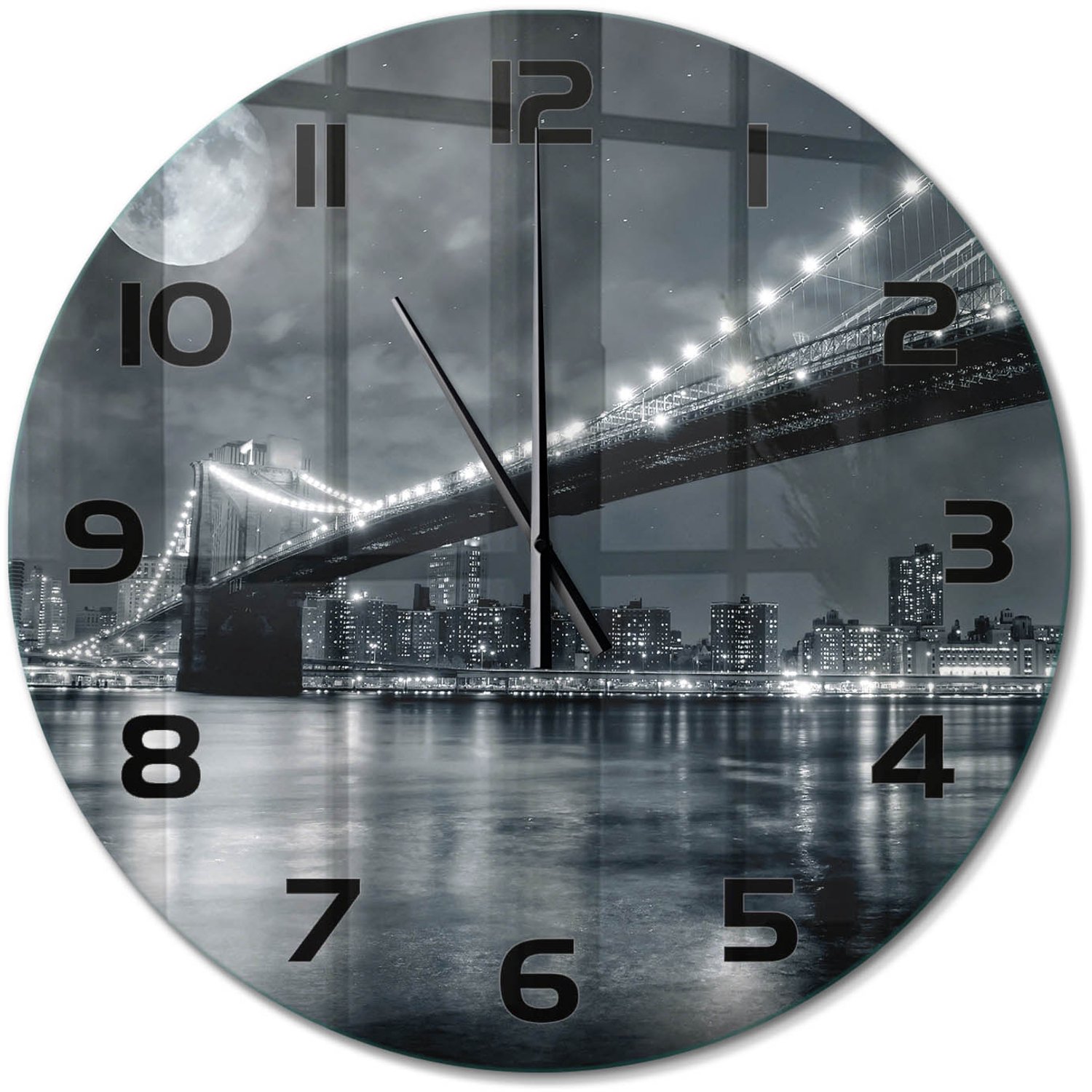 TULUP Wandklok - Brooklynbrug Wandklok Glas Decoratie - fi60 cm - Zwart-wit Gekleurde Glazen Klok - Zwarte handen - Ronde Klok - Klok Glas Met Opdruk - Moderne Wandklok Glas