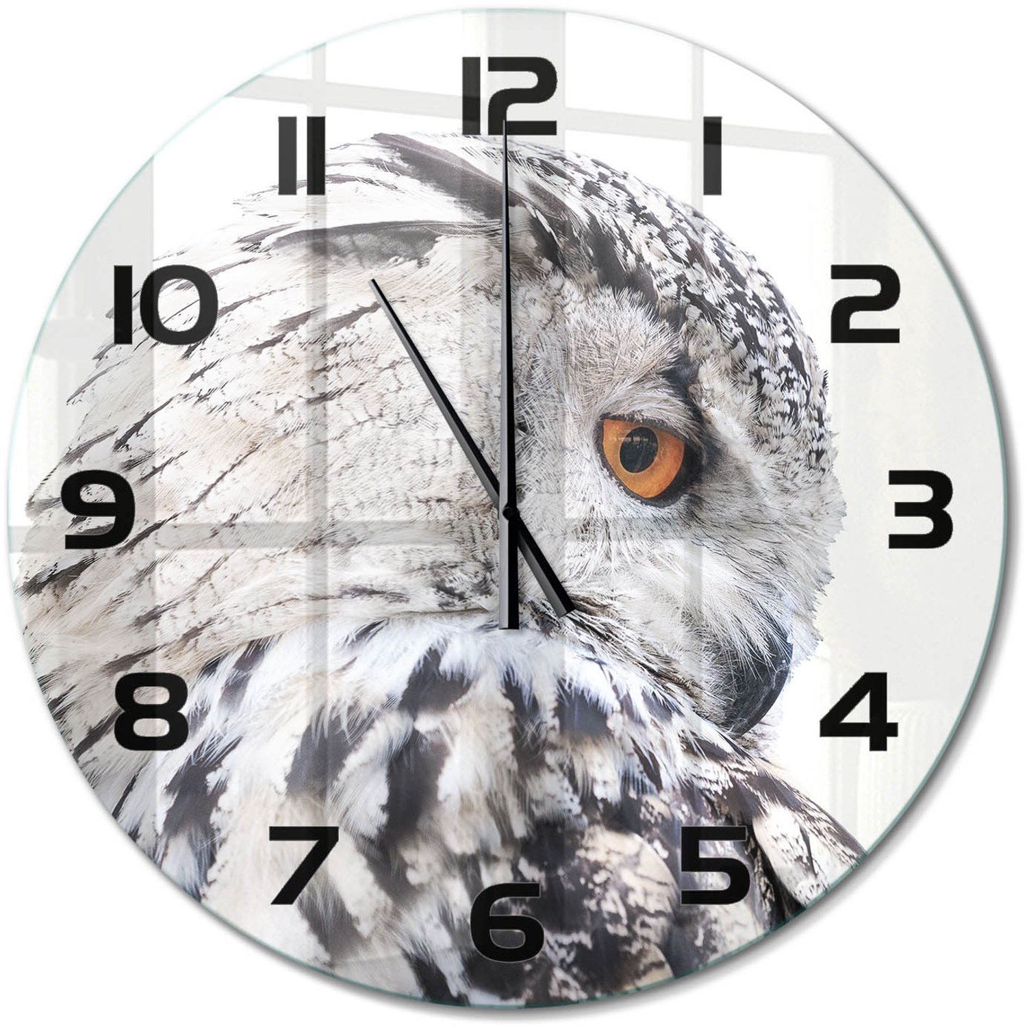 TULUP Wandklok - Witte Uil Decoratieve Glazen Klok - fi60 cm - Wit Glazen Wandklok Design - Zwarte handen - Ronde Klok - Glazen Klok Met Print - Wandklok Glas Met Motief