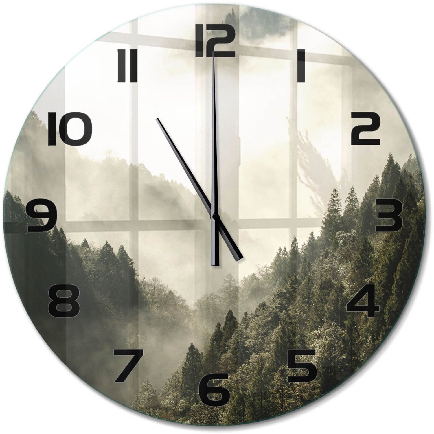 TULUP Wandklok - Mist boven het bos Wandklok Glas Decoratie - fi60 cm - Zwart-wit Gekleurde Glazen Klok - Zwarte handen - Ronde Klok - Klok Glas Met Opdruk - Moderne Wandklok Glas