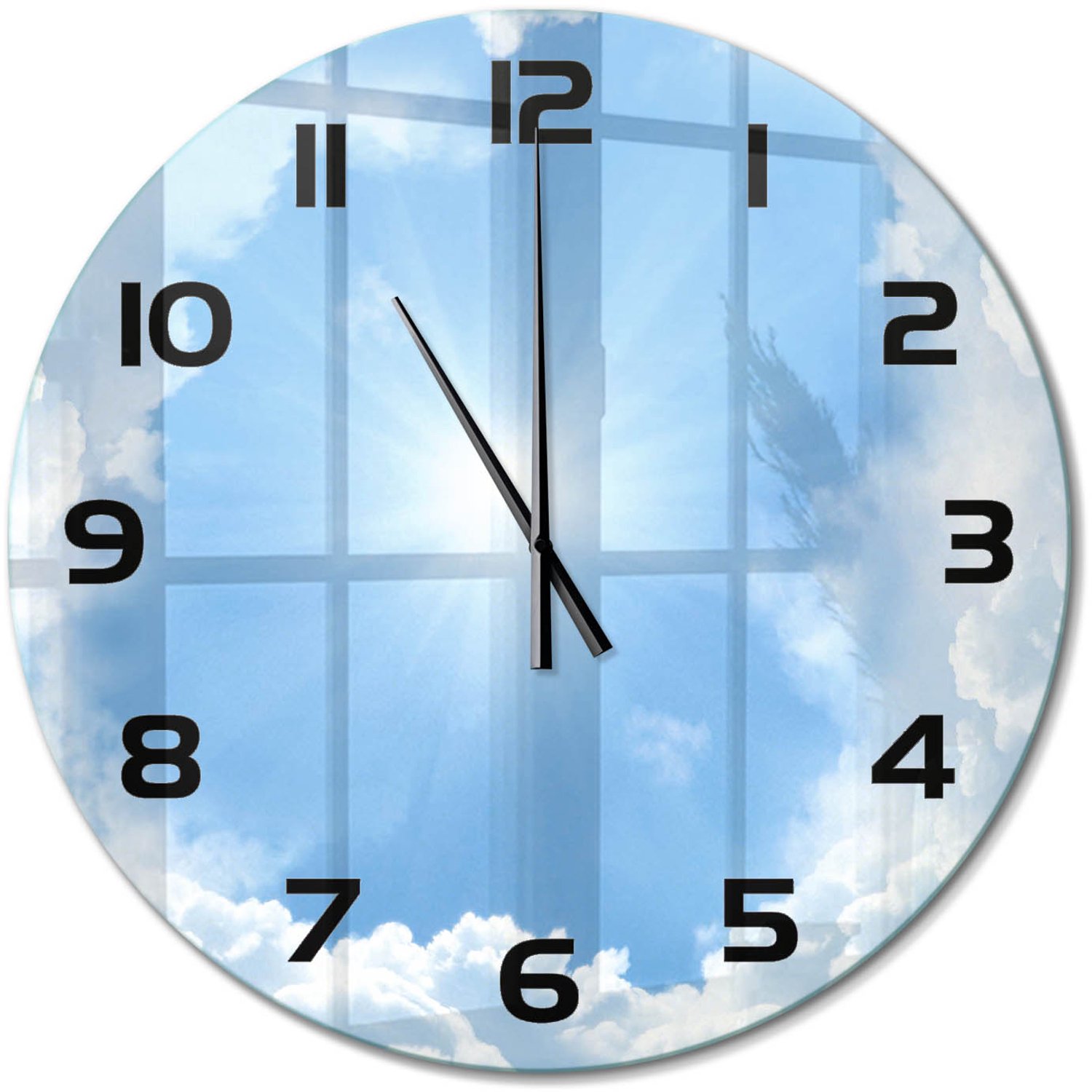 TULUP Wandklok - Wolken aan de hemel Klok Glas Met Opdruk - fi60 cm - Blauw Moderne Wandklok Glas - Zwarte handen - Ronde Klok - Decoratieve Glazen Klok - Glazen Wandklok Design