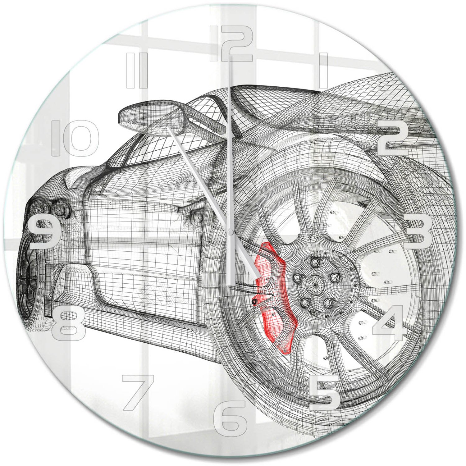TULUP Wandklok - Autogrille Wandklok Glas Decoratie - fi60 cm - Rood Gekleurde Glazen Klok - Witte handen - Ronde Klok - Klok Glas Met Opdruk - Moderne Wandklok Glas