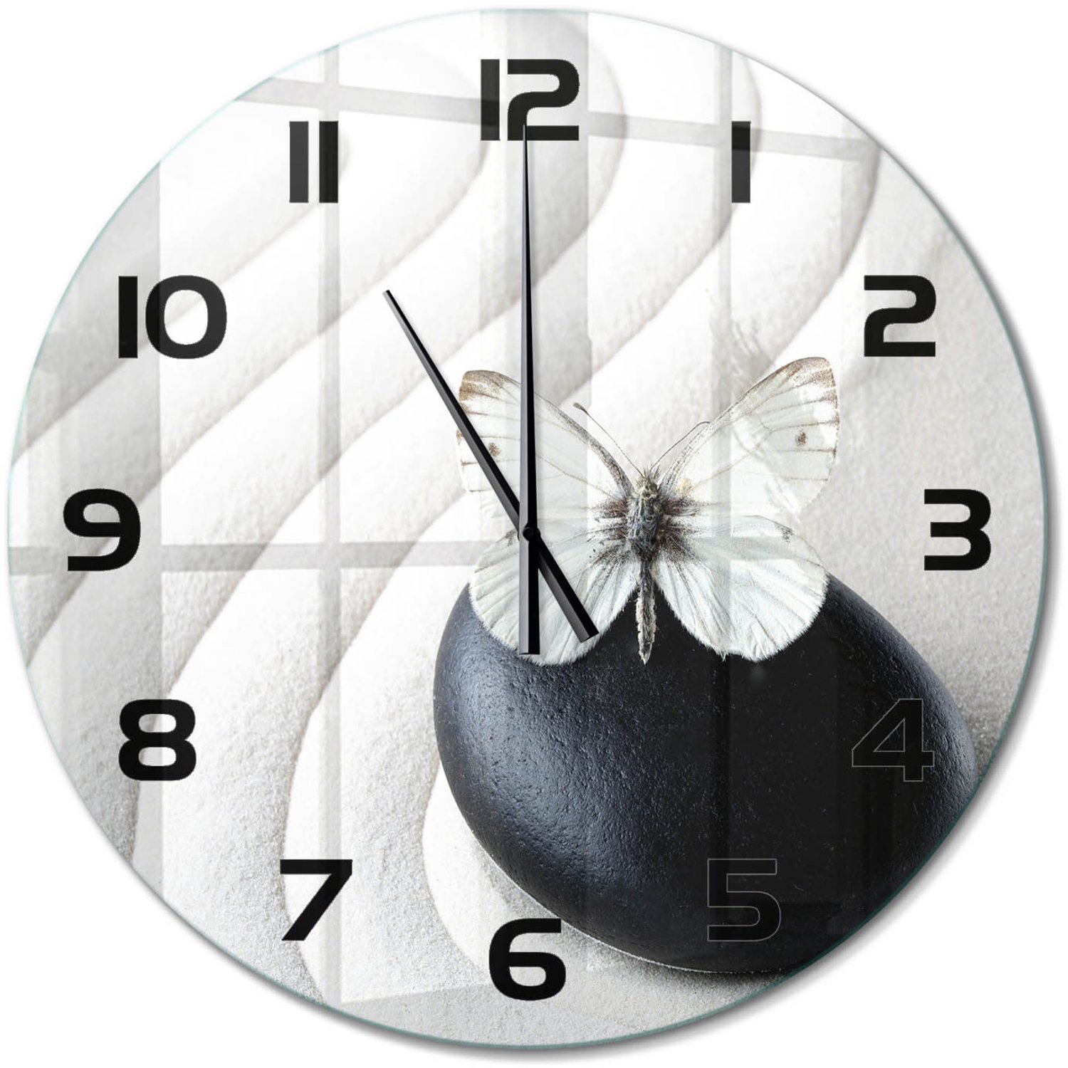 TULUP Wandklok - Zensteen en vlinder Decoratieve Glazen Klok - fi60 cm - Wit Glazen Wandklok Design - Zwarte handen - Ronde Klok - Glazen Klok Met Print - Wandklok Glas Met Motief