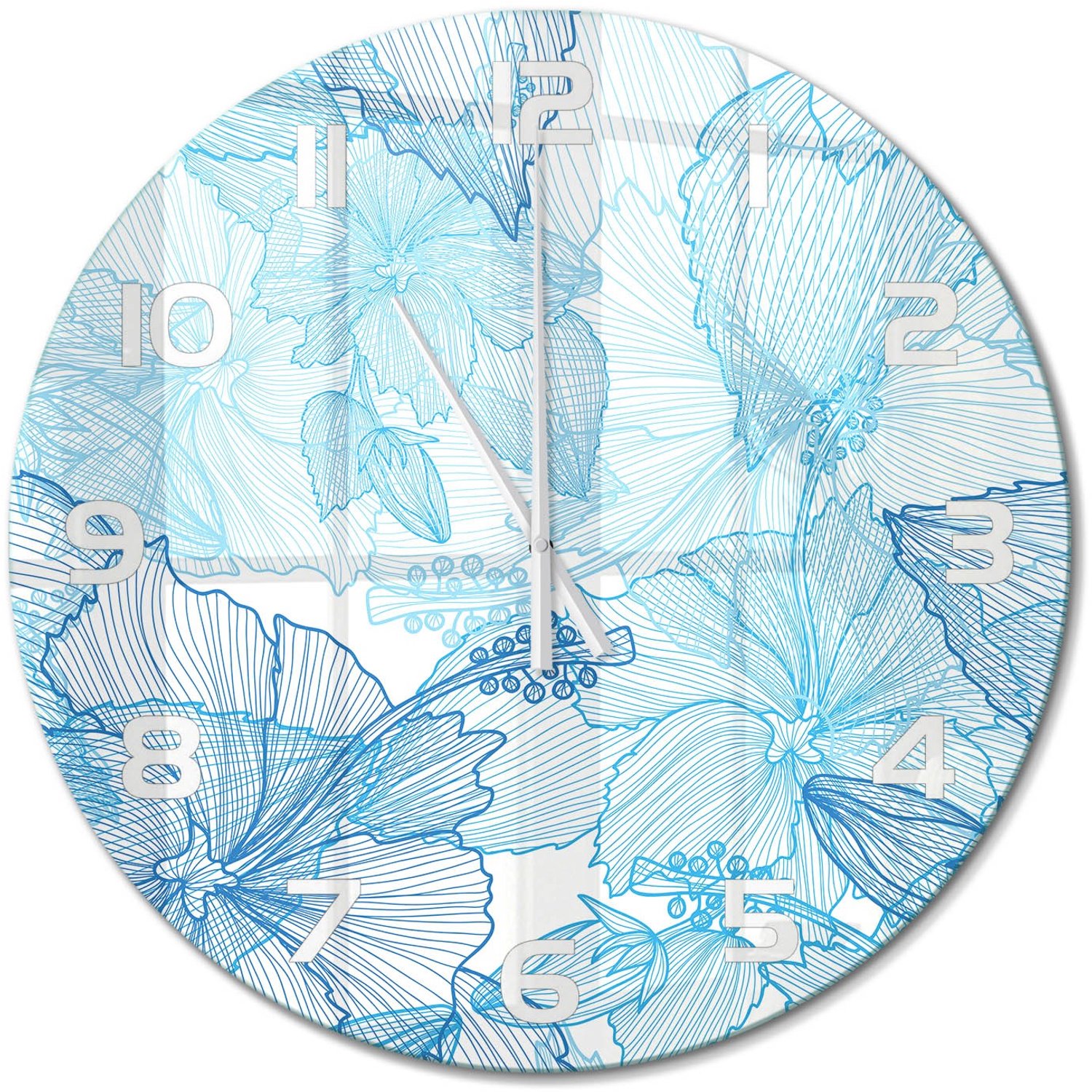 TULUP Wandklok - Hawaiiaanse bloemen Wandklok Glas Decoratie - fi60 cm - Blauw Gekleurde Glazen Klok - Witte handen - Ronde Klok - Klok Glas Met Opdruk - Moderne Wandklok Glas