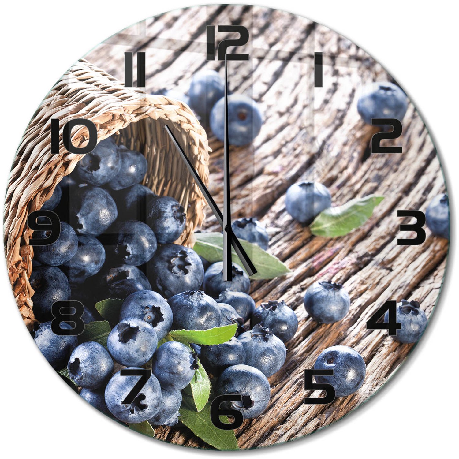 TULUP Wandklok - Bosbessen in een mand Klok Glas Met Opdruk - fi60 cm - Blauw Moderne Wandklok Glas - Zwarte handen - Ronde Klok - Decoratieve Glazen Klok - Glazen Wandklok Design