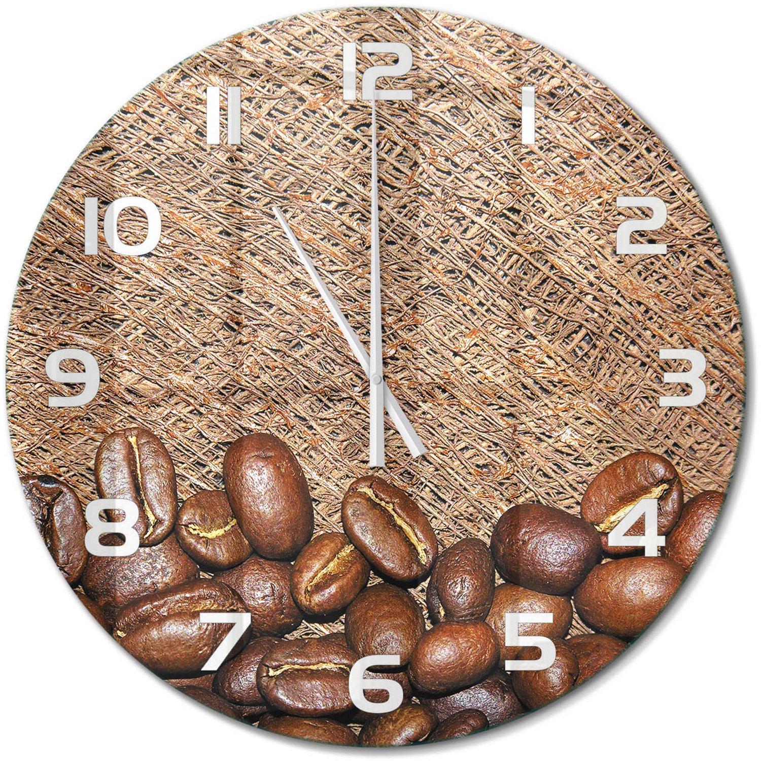 TULUP Wandklok - Koffiebonen Glazen Klok Met Print - fi60 cm - Bruin Wandklok Glas Met Motief - Witte handen - Ronde Klok - Wandklok Glas Decoratie - Gekleurde Glazen Klok