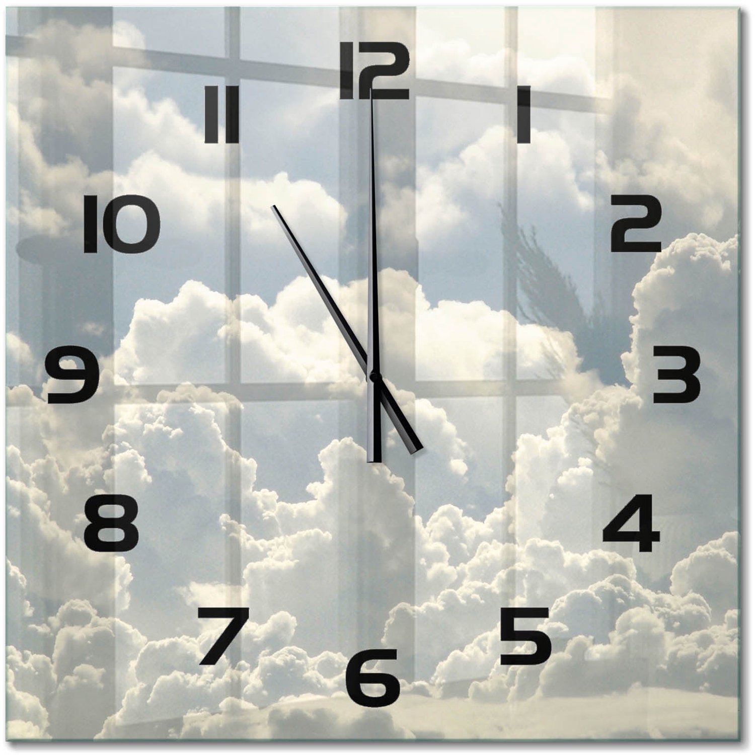 TULUP Wandklok - Wolken Decoratieve Glazen Klok - 60x60 cm - Wit Glazen Wandklok Design - Zwarte handen - Vierkante Klok - Glazen Klok Met Print - Wandklok Glas Met Motief