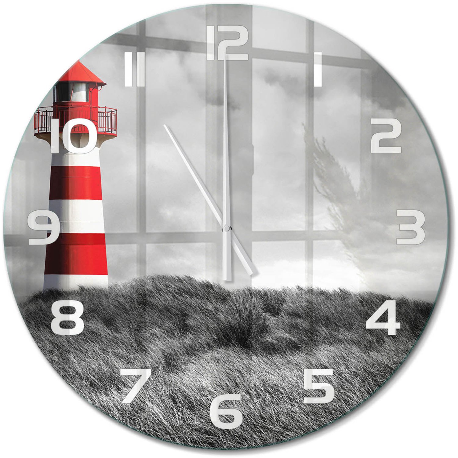 TULUP Wandklok - Vuurtoren Glazen Klok Met Print - fi60 cm - Rood Wandklok Glas Met Motief - Witte handen - Ronde Klok - Wandklok Glas Decoratie - Gekleurde Glazen Klok