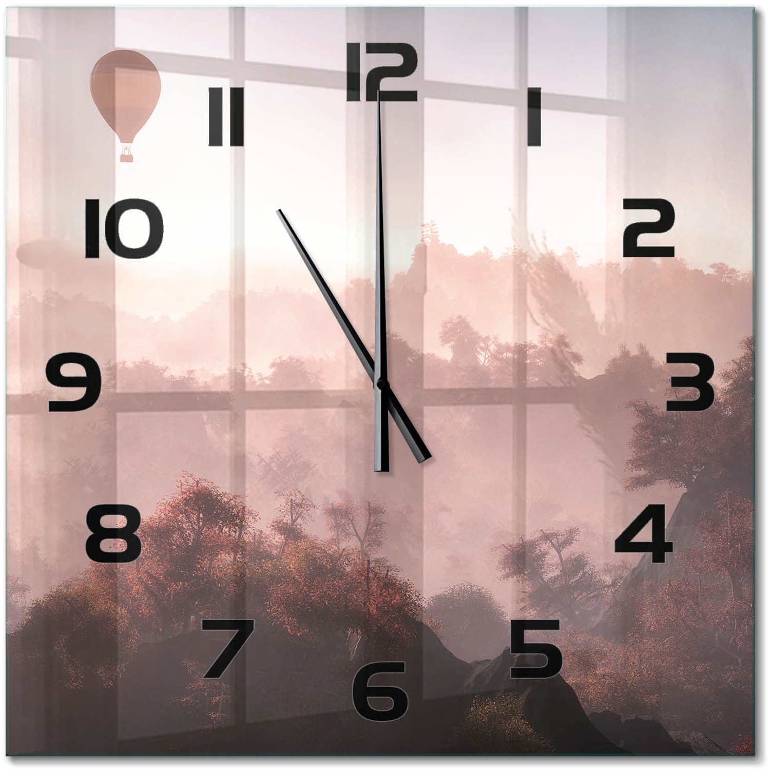 TULUP Wandklok - Ballonvaart boven het bos Gekleurde Glazen Klok - 60x60 cm - Bruin Glazen Klok Met Print - Zwarte handen - Vierkante Klok - Moderne Wandklok Glas - Wandklok Glas Decoratie
