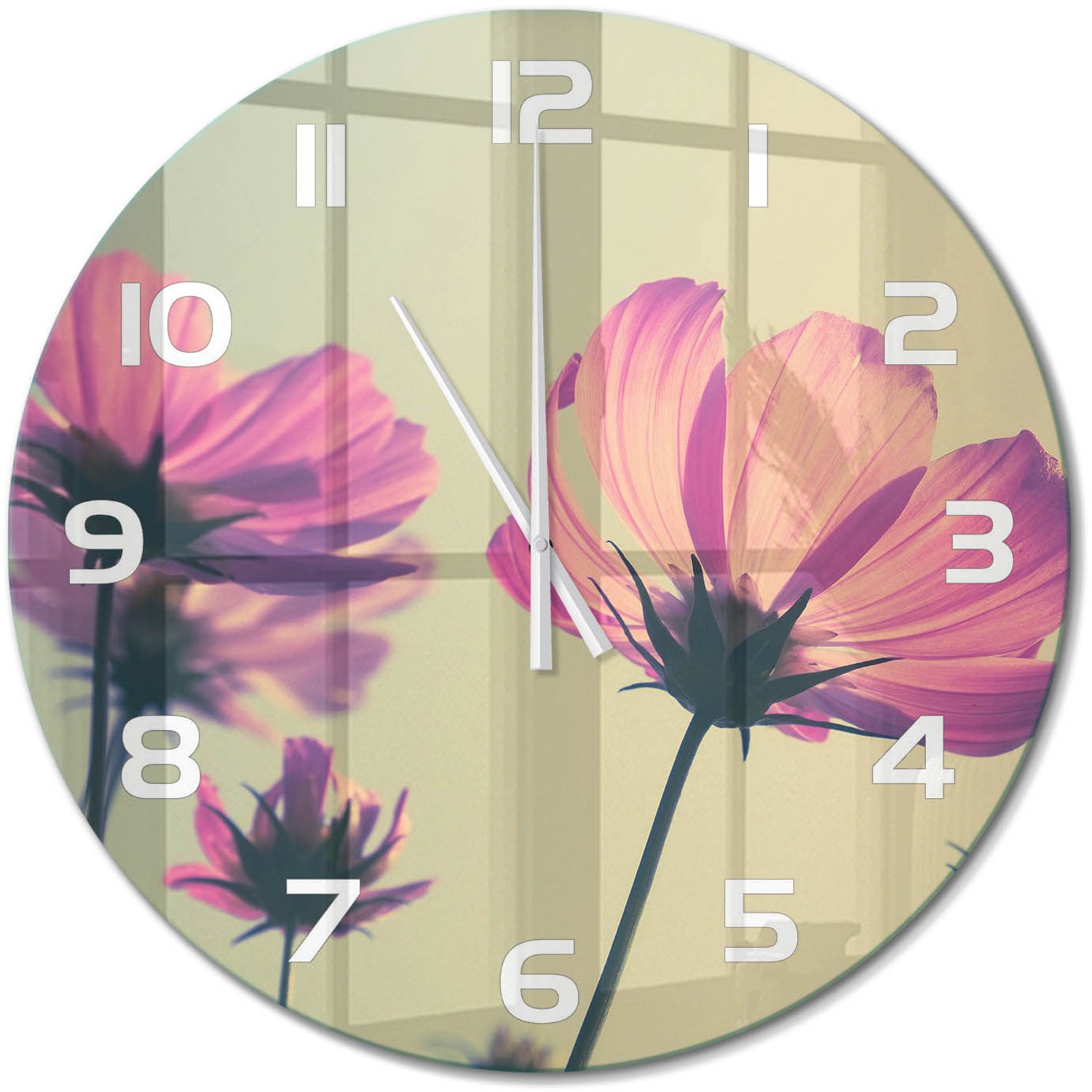 TULUP Wandklok - Roze bloemen Klok Glas Met Opdruk - fi60 cm - Roze Moderne Wandklok Glas - Witte handen - Ronde Klok - Decoratieve Glazen Klok - Glazen Wandklok Design