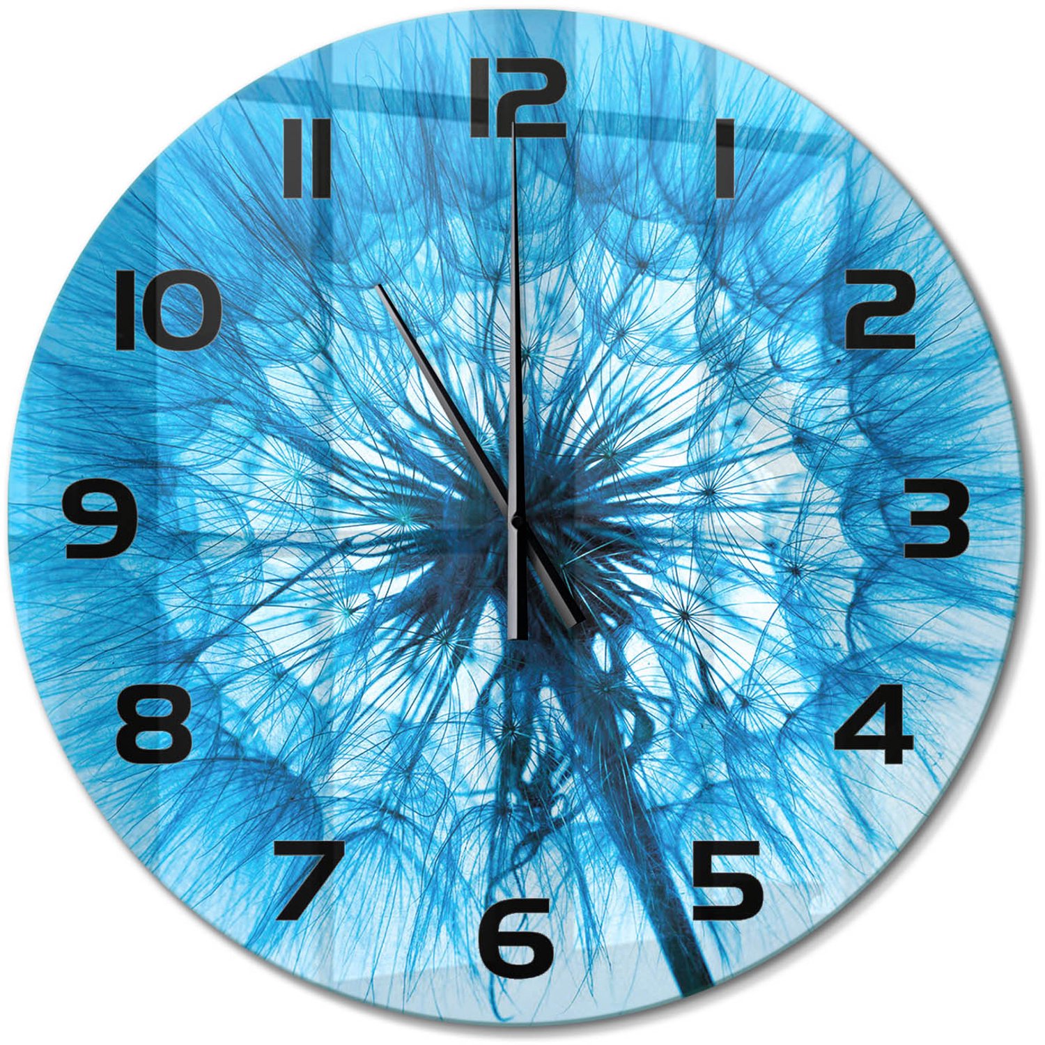 TULUP Wandklok - Paardebloem Wandklok Glas Met Motief - fi60 cm - Blauw Decoratieve Glazen Klok - Zwarte handen - Ronde Klok - Gekleurde Glazen Klok - Glazen Klok Met Print