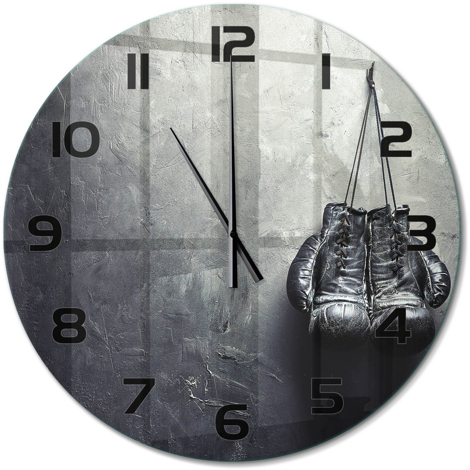 TULUP Wandklok - Bokshandschoenen Wandklok Glas Met Motief - fi60 cm - Zwart-wit Decoratieve Glazen Klok - Zwarte handen - Ronde Klok - Gekleurde Glazen Klok - Glazen Klok Met Print