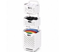 Homily Wasmand 3 Vakken met Wieltjes - Opvouwbare Verticale Wassorteerder ca. 100L - Smal 114 cm - Uitneembare Manden - Ruimtebesparend - Wit/Grijs