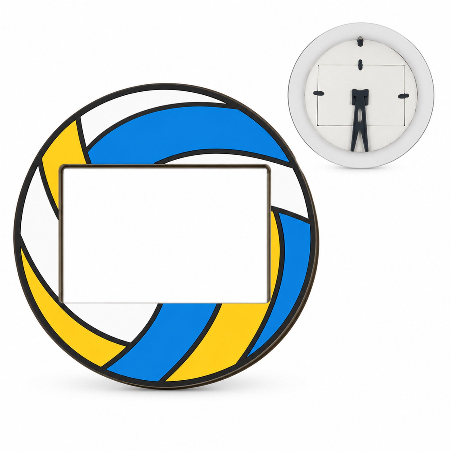 SWGOTA Houten fotolijst in volleybalvorm van grenen, 20,5 x 20,5 cm, voor foto's van 6 x 4 inch, blauw-geel-wit, met achtersteun, in verzenddoos