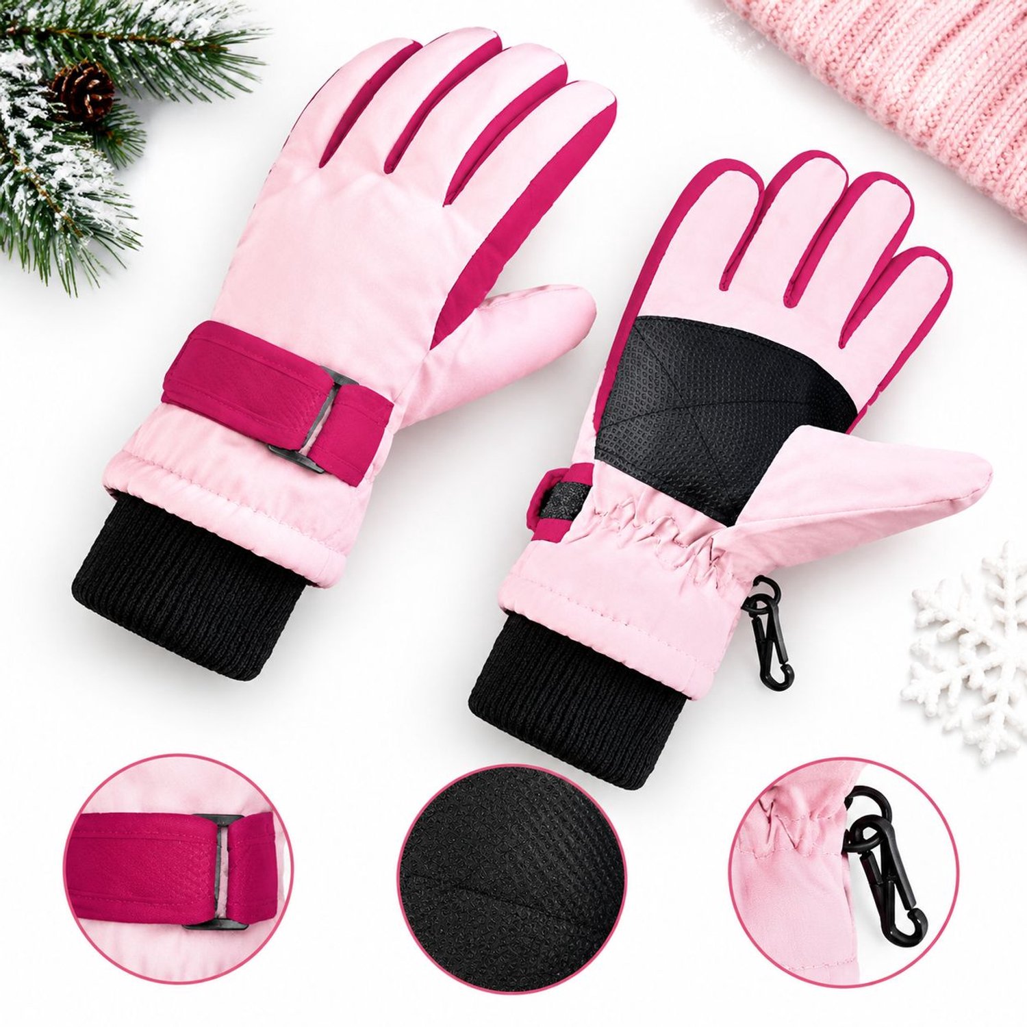 VHV HisKes Antislip skihandschoenen – Winterhandschoenen voor kinderen – Skihandschoenen voor jongens en meisjes – Met clips tegen verlies – Waterdicht & winddicht – Cadeau voor kinderen – Geschikt voor skiën & buitensporten Roze