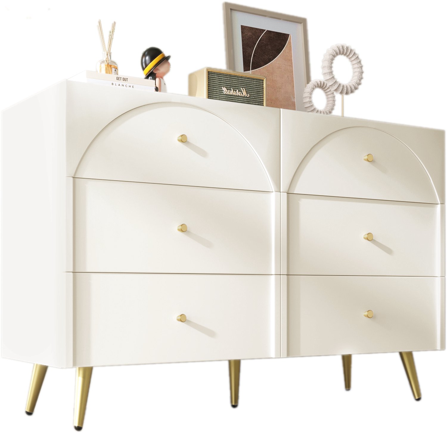 Ropilly Ladekast met 6 lades - 120 x 85 x 40 cm - Crème wit - Metalen poten en gebogen ladefronten - Voor slaapkamer en woonkamer, voor dagelijks gebruik Crèmewit